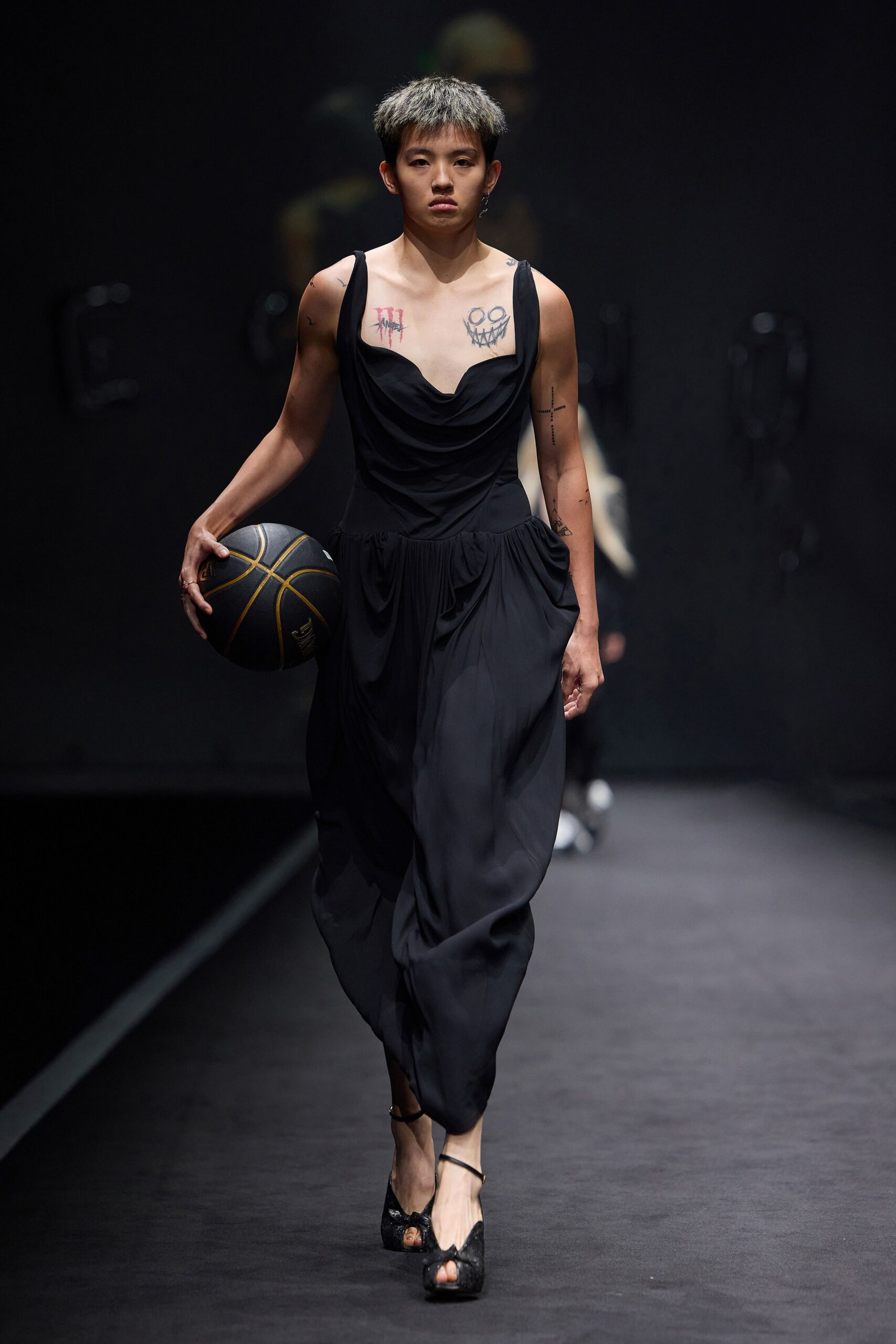 black silk draped midi dress