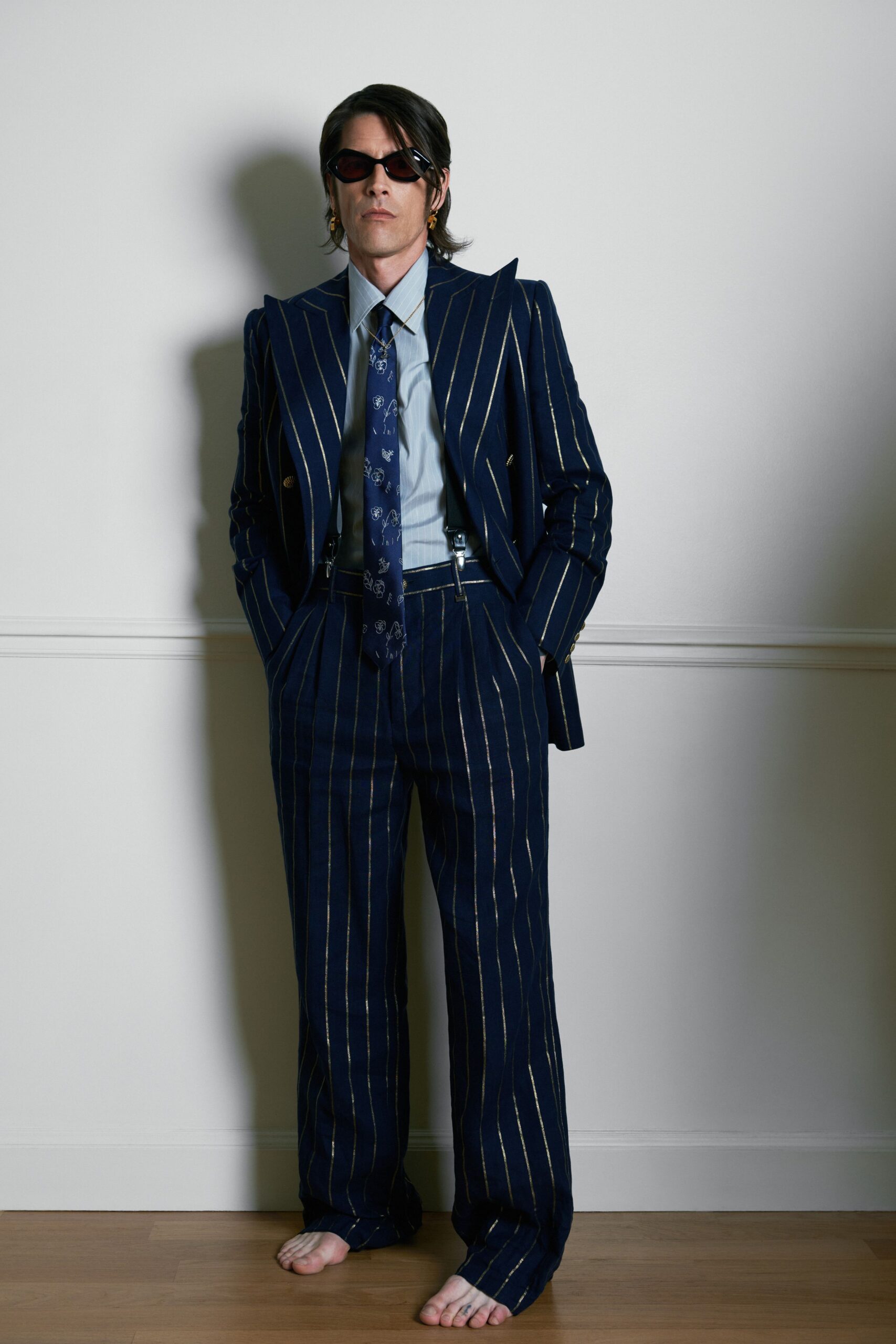 blue striped tailored suit
