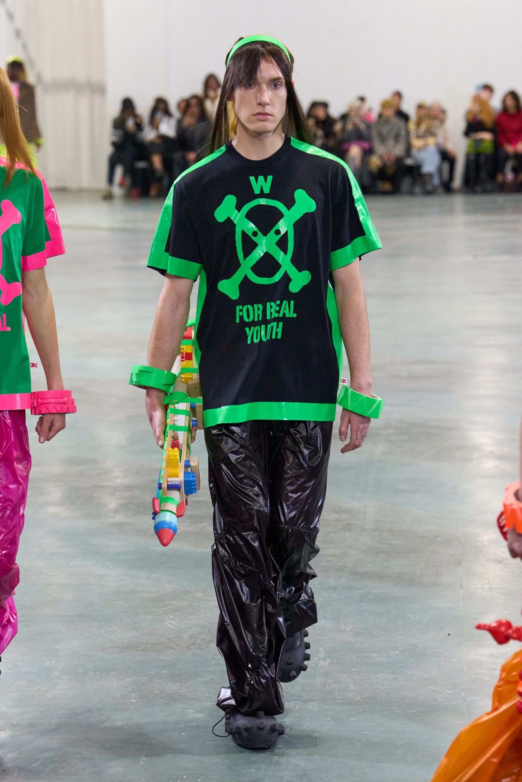 black vinyl fitted straight-leg shiny pants