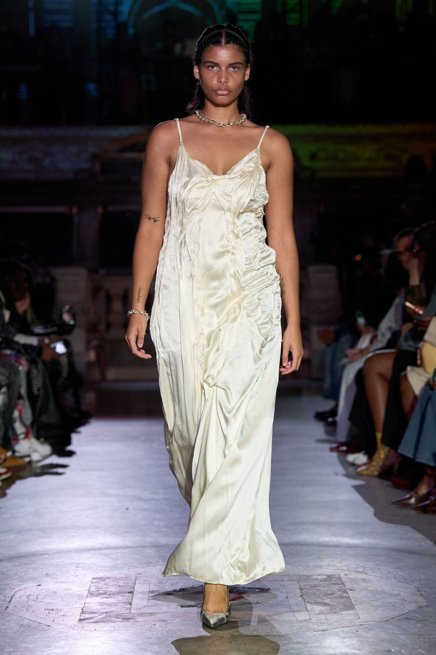 ivory silk sleeveless v-neck fitted ruched flowing gown