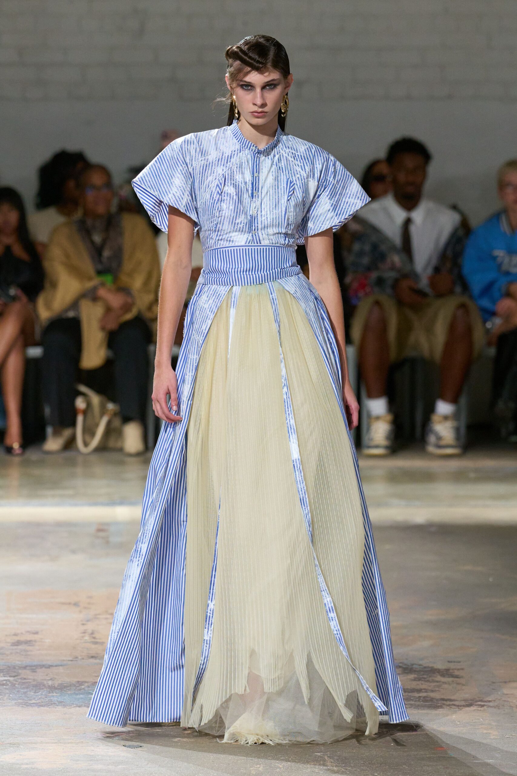 blue and white pleated gown
