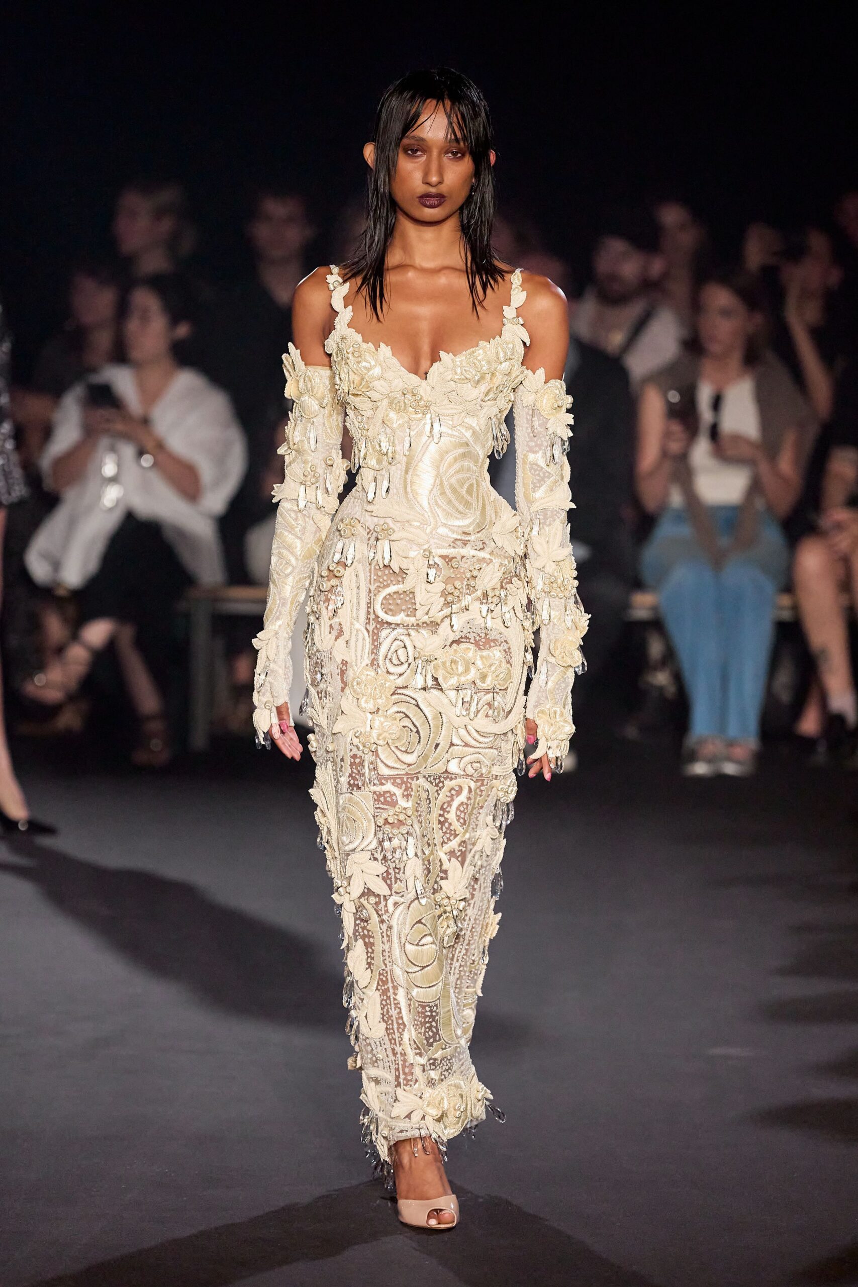 ivory lace sleeveless v-neck fitted embroidered fringed gown