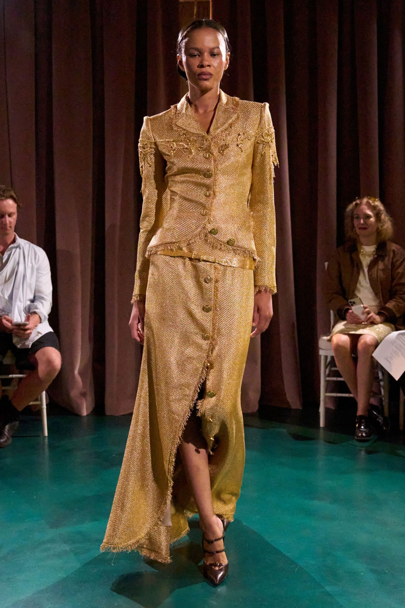gold silk long-sleeve collared fitted buttoned fringed suit