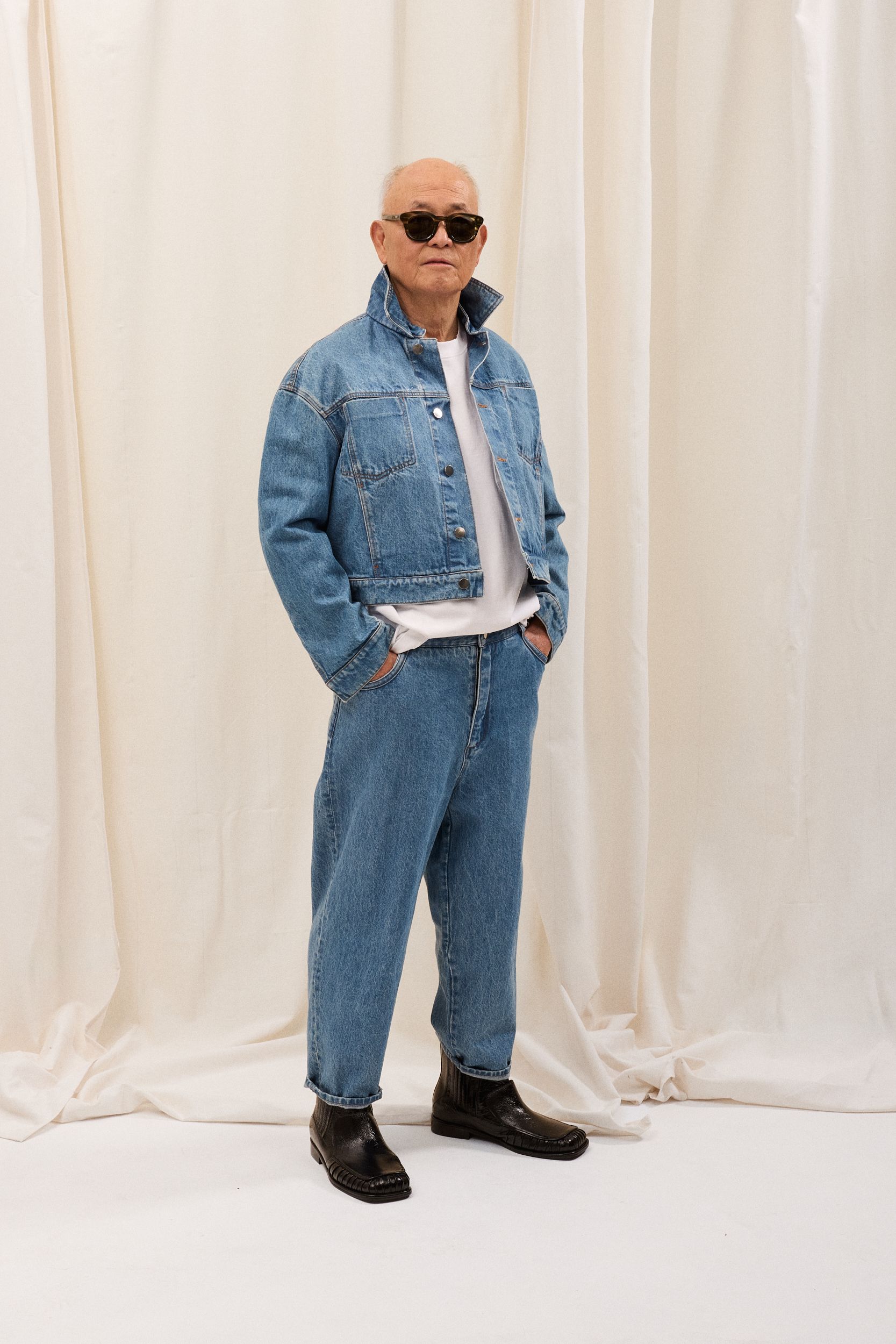 blue denim long-sleeve collared oversized jacket