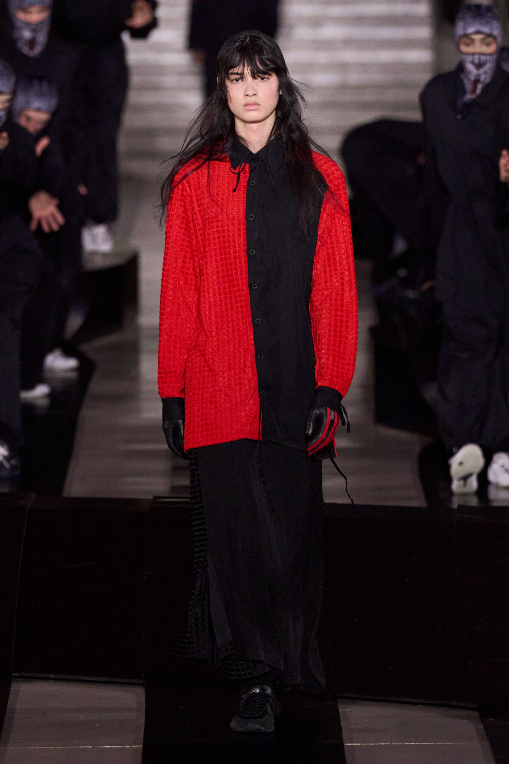 red long-sleeve oversized buttoned coat