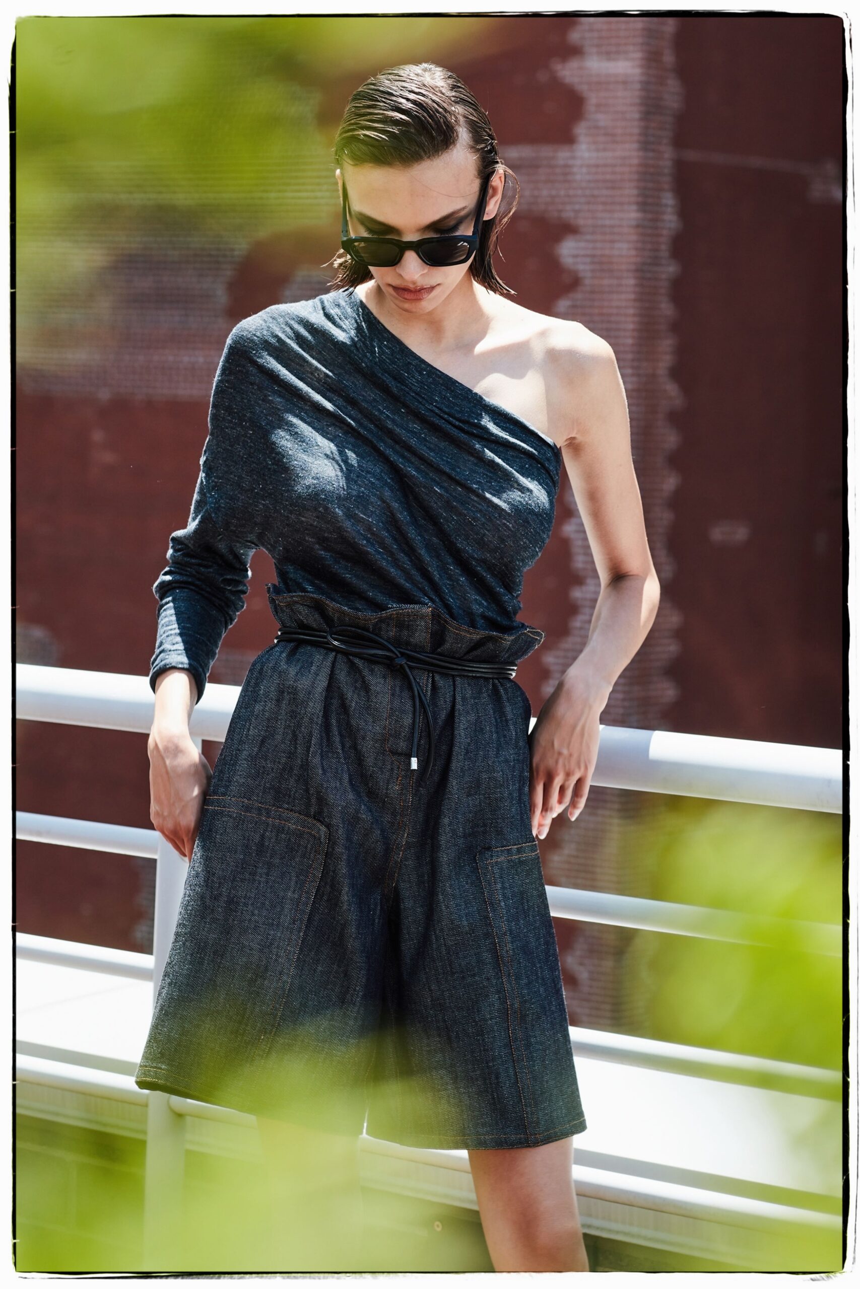 blue cotton long-sleeve off-shoulder fitted draped top