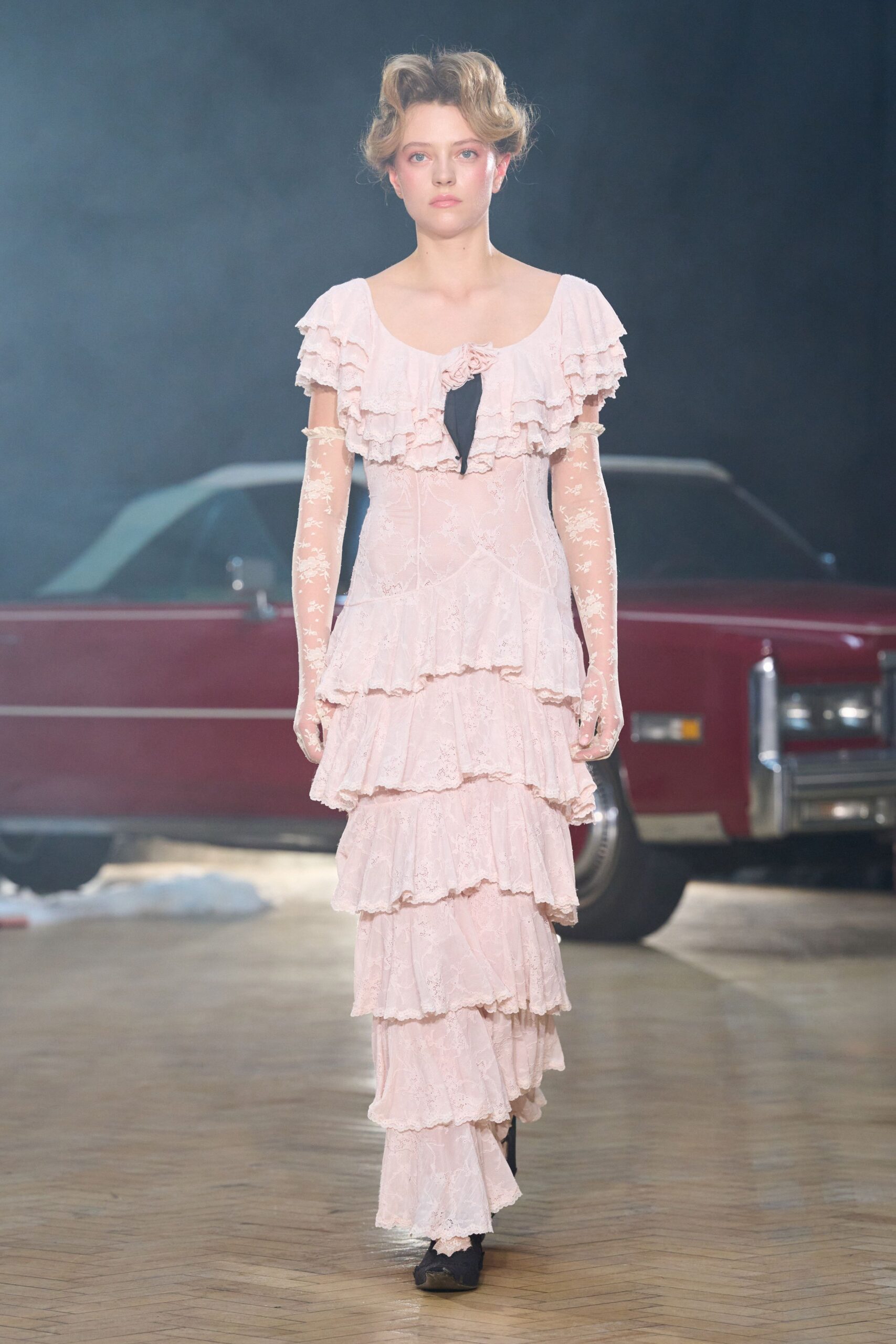 pink lace sleeveless v-neck fitted ruffled tiered gown