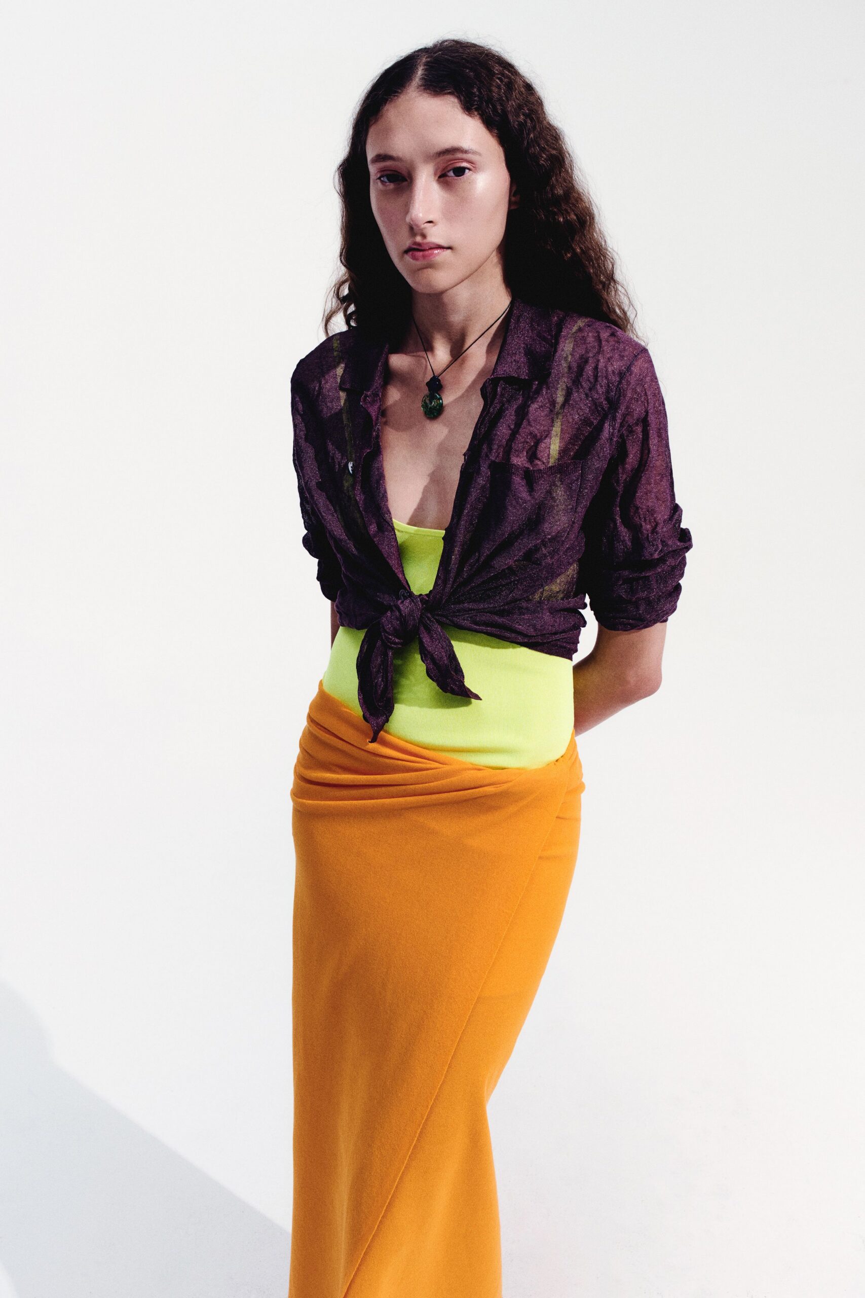 purple silk long-sleeve collared relaxed buttoned shirt