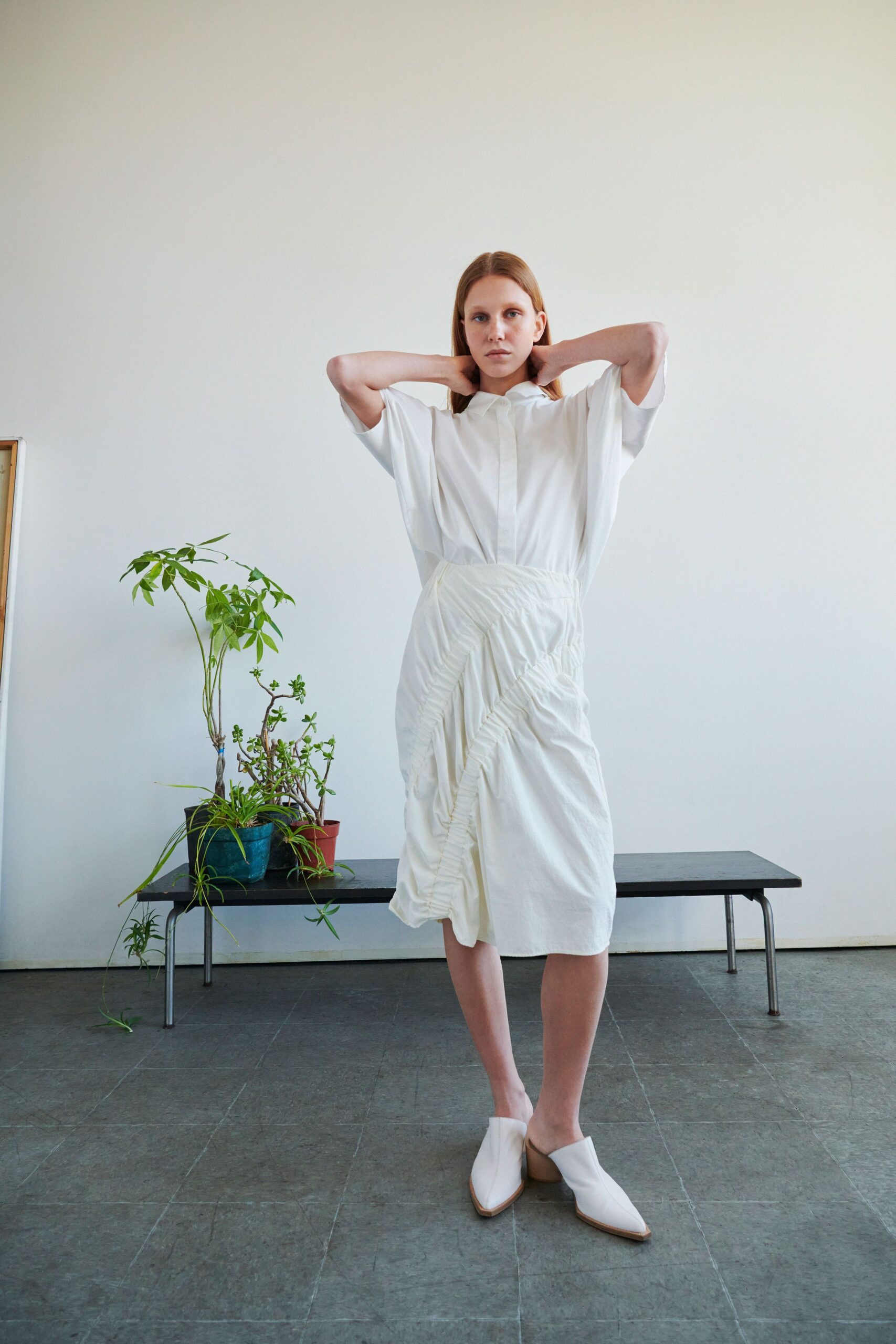 white relaxed top and midi skirt