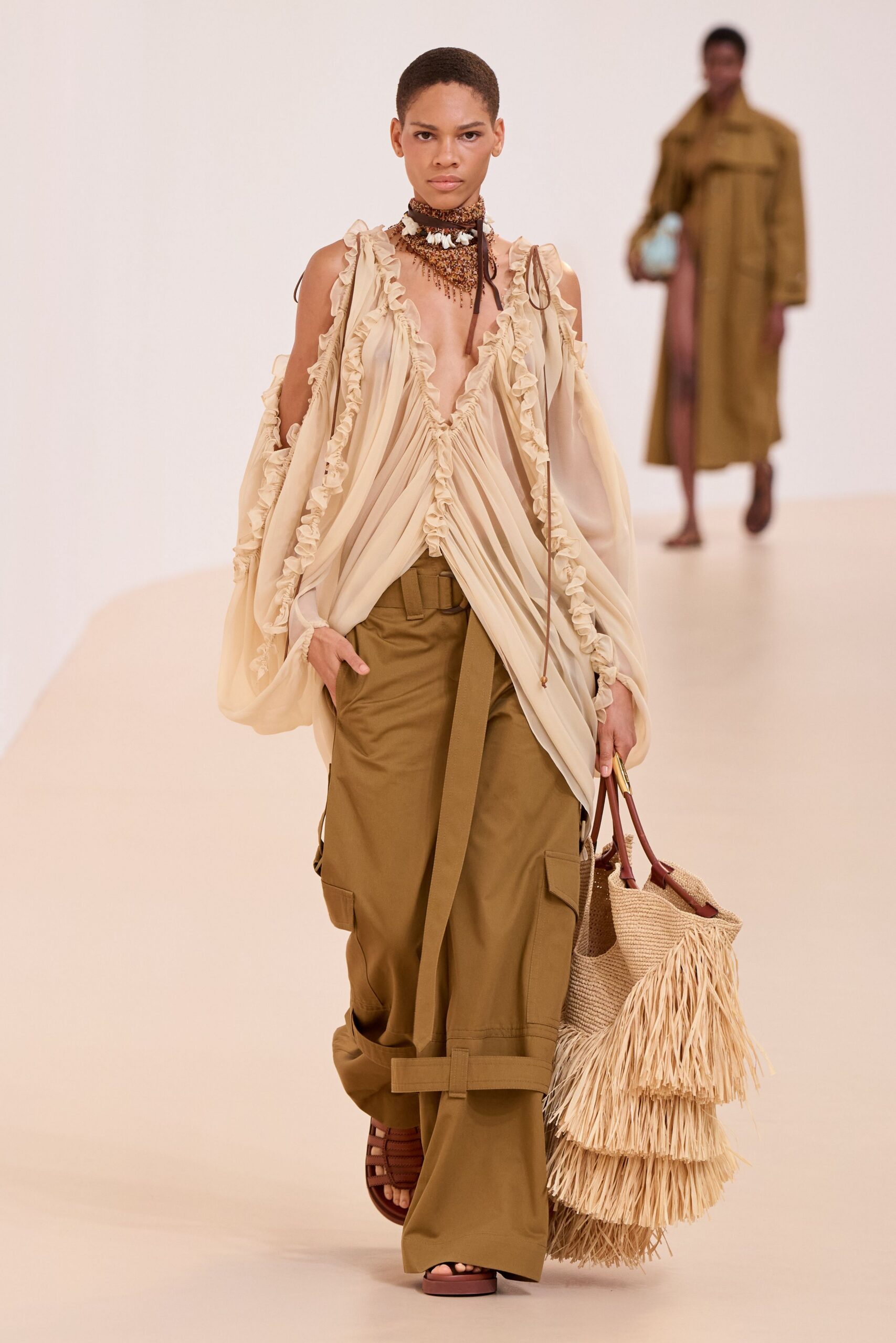 beige chiffon long-sleeve v-neck relaxed ruffled flowing blouse