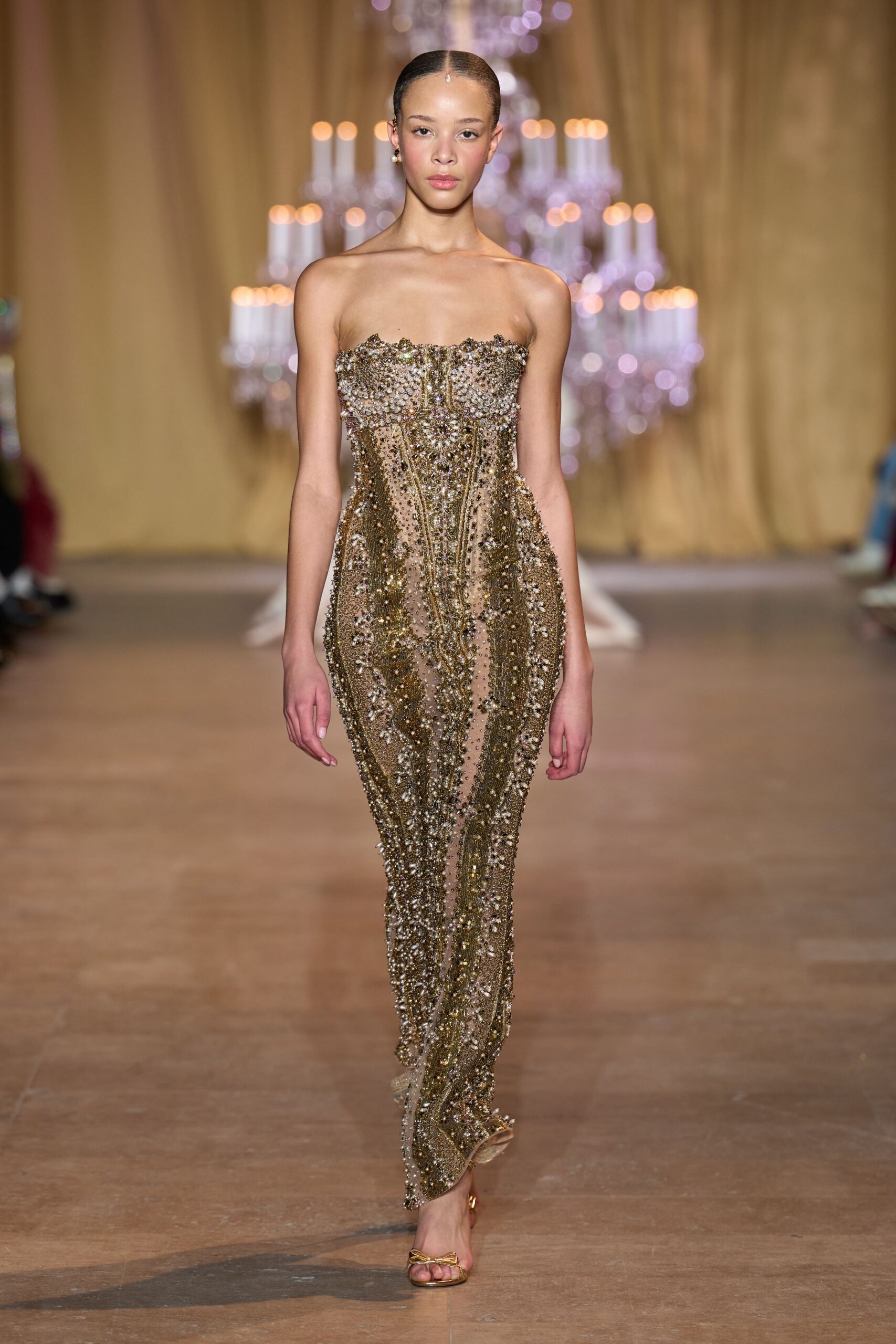 gold silk strapless fitted beaded embellished shiny gown