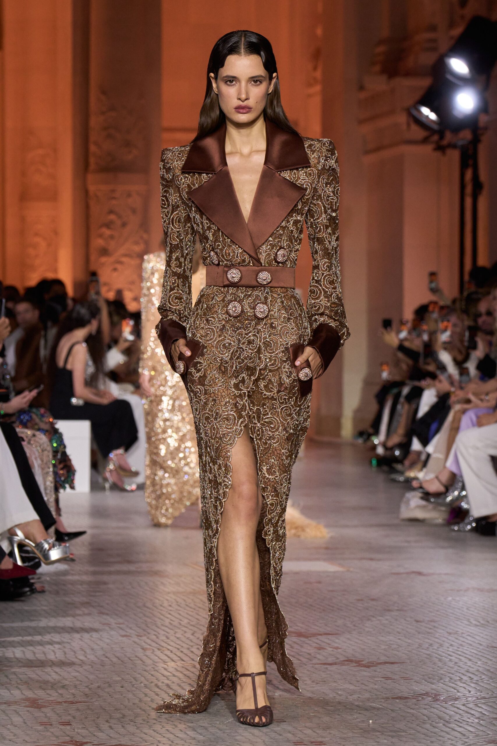 brown silk long-sleeve v-neck fitted embroidered maxi gown