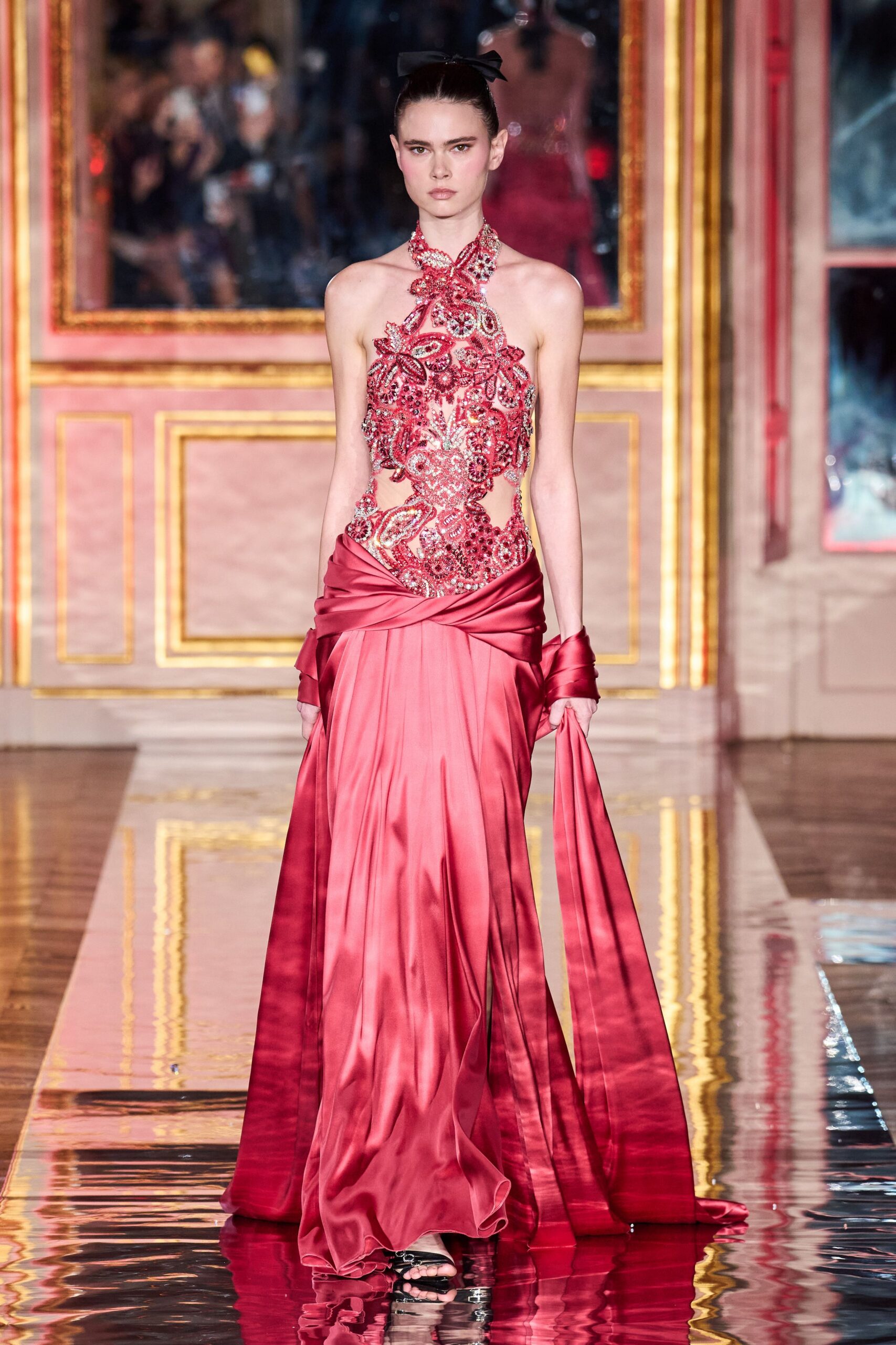fitted red silk gown