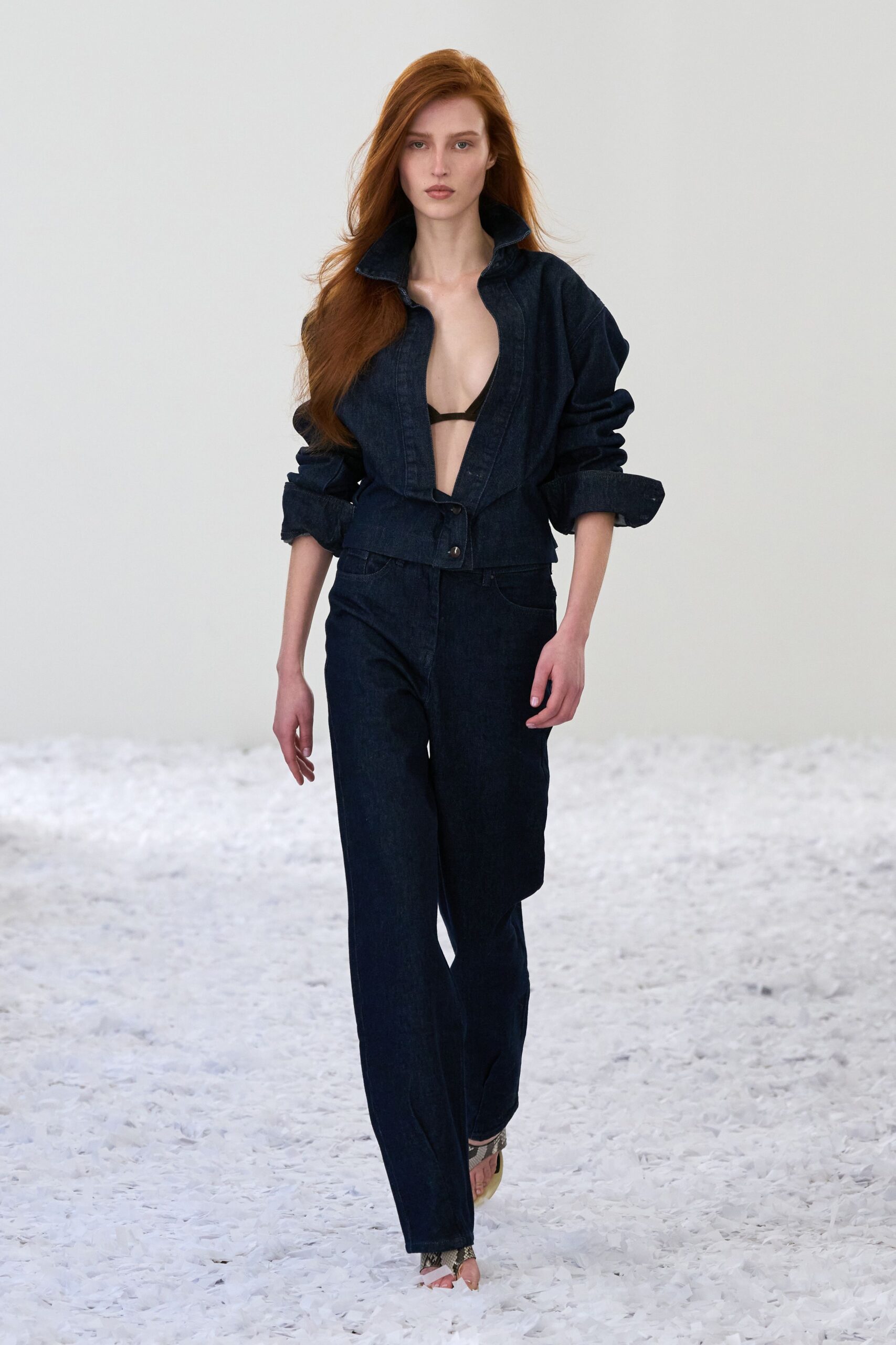 blue denim long-sleeve v-neck fitted zippered jumpsuit
