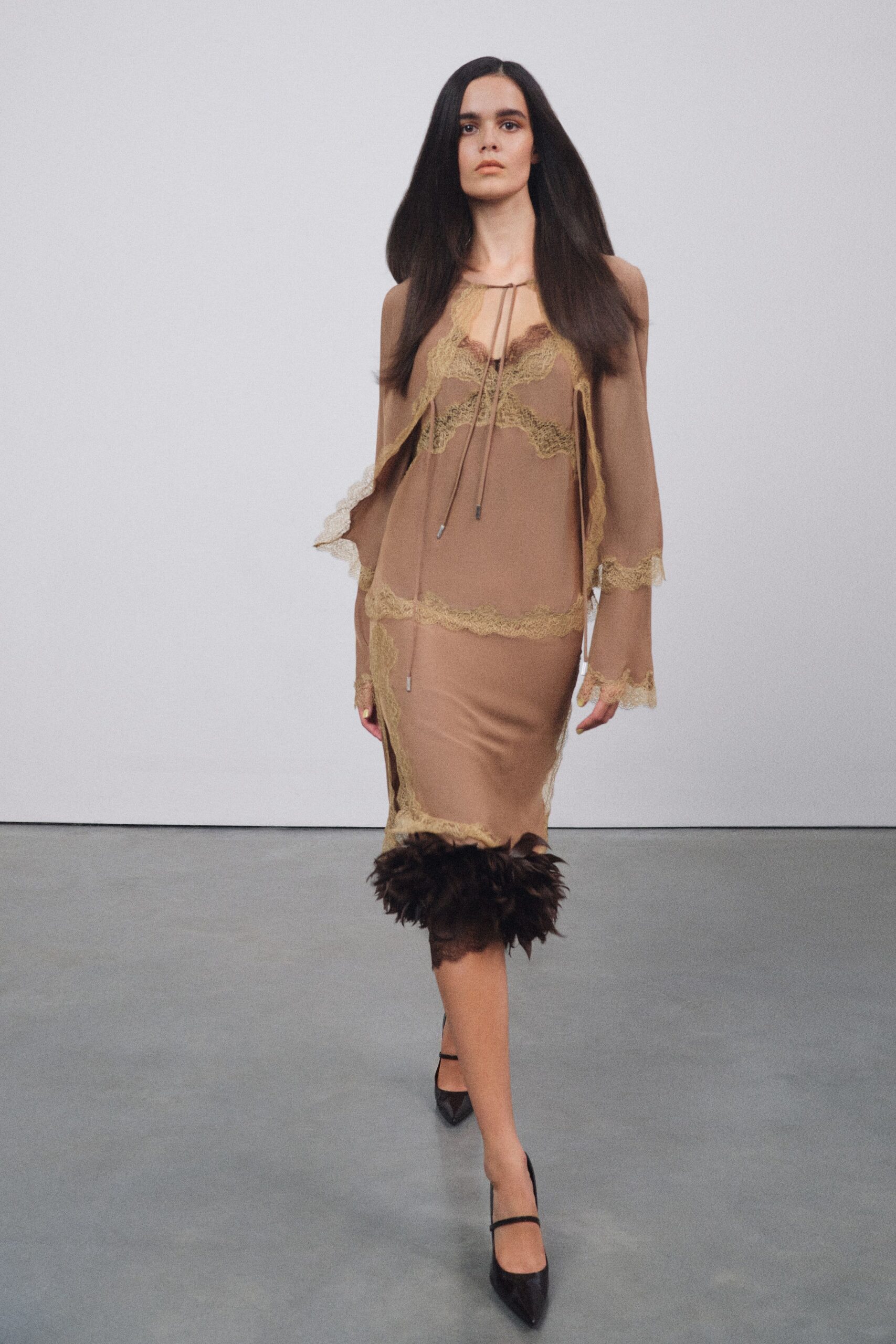 brown silk long-sleeve v-neck fitted layered ruffled dress