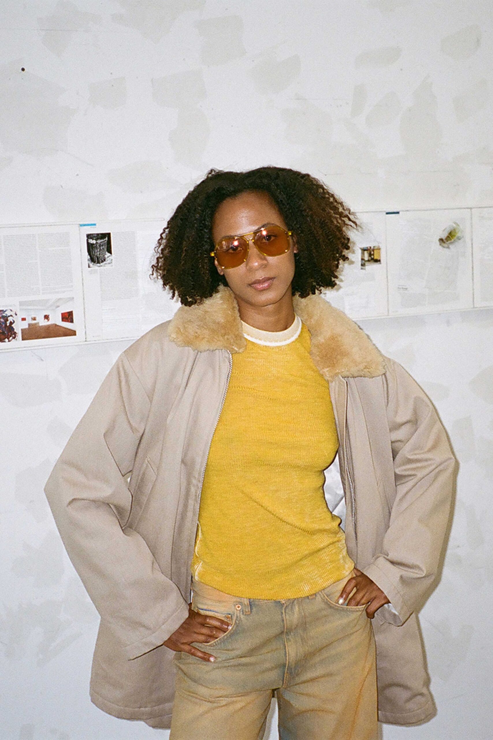 beige oversized coat with yellow top