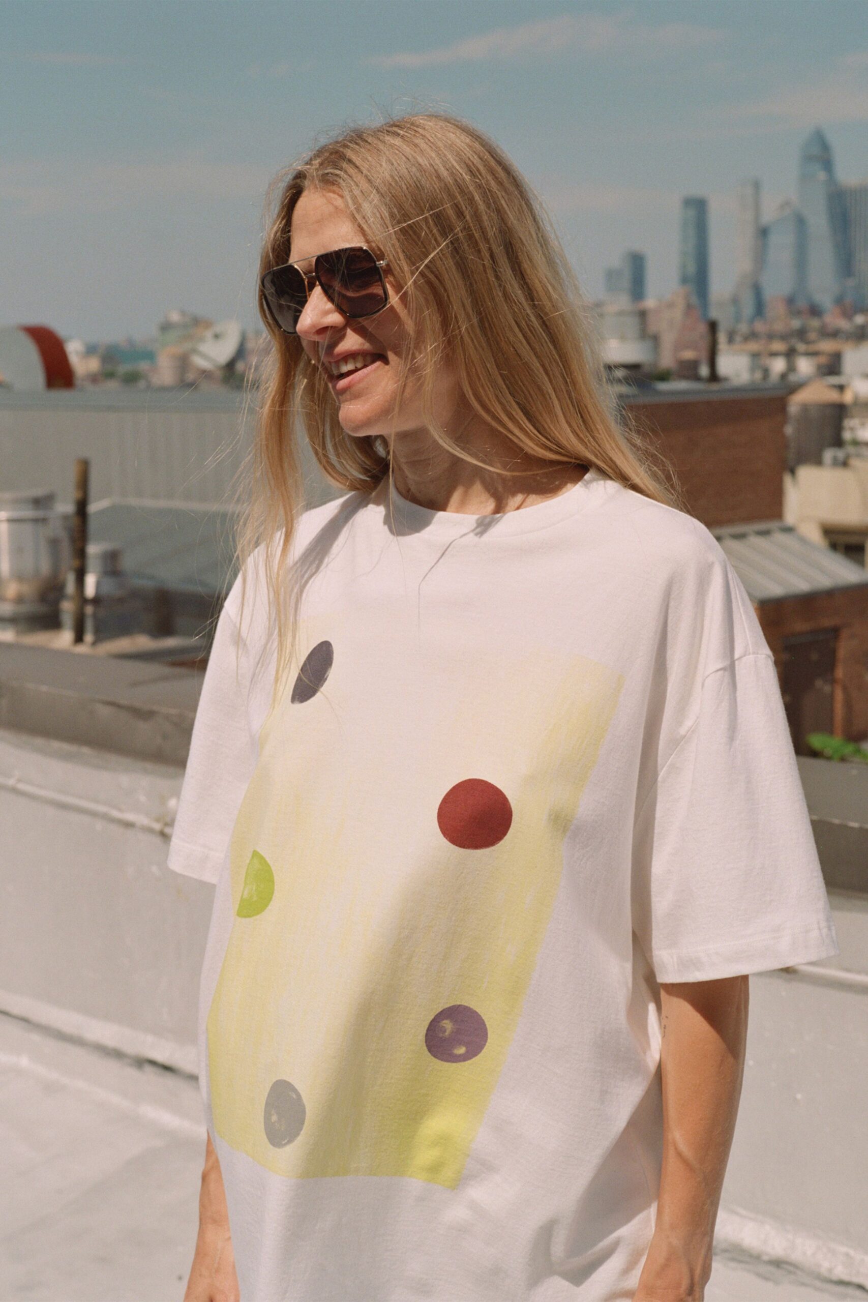relaxed white printed t-shirt with sunglasses