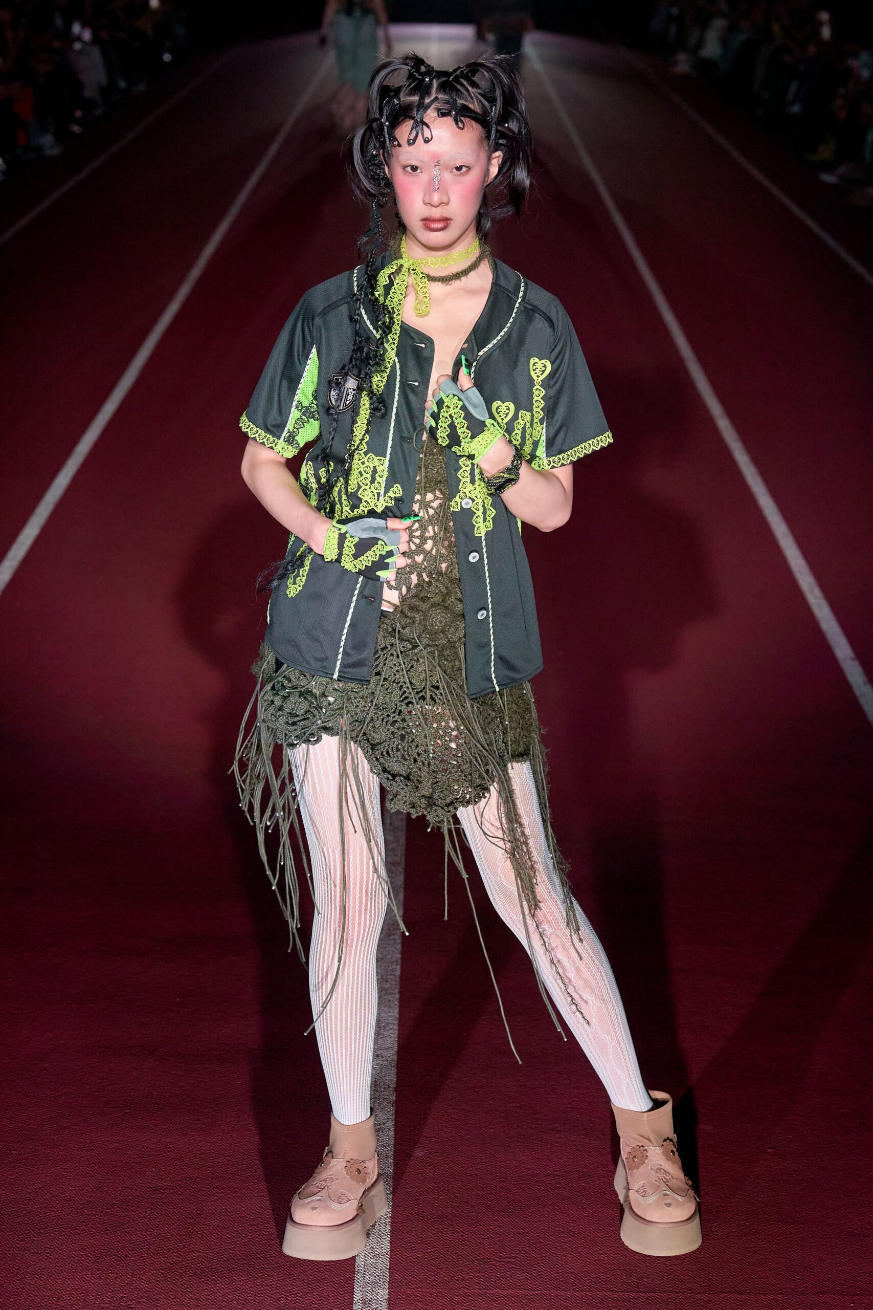 green cotton fitted fringed skirt