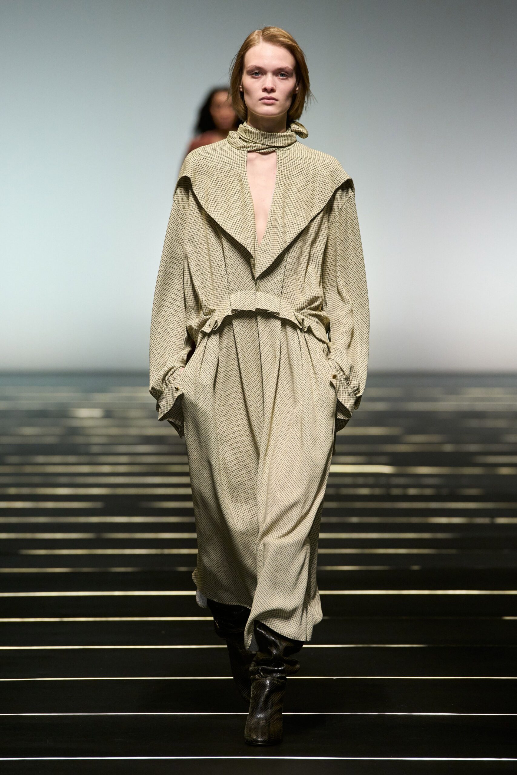 beige cotton long-sleeve collared relaxed belted pleated dress