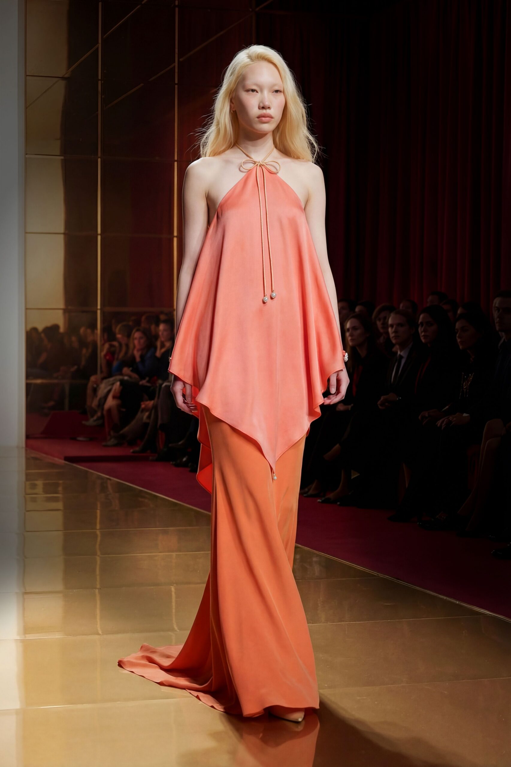 orange coral silk halter gown