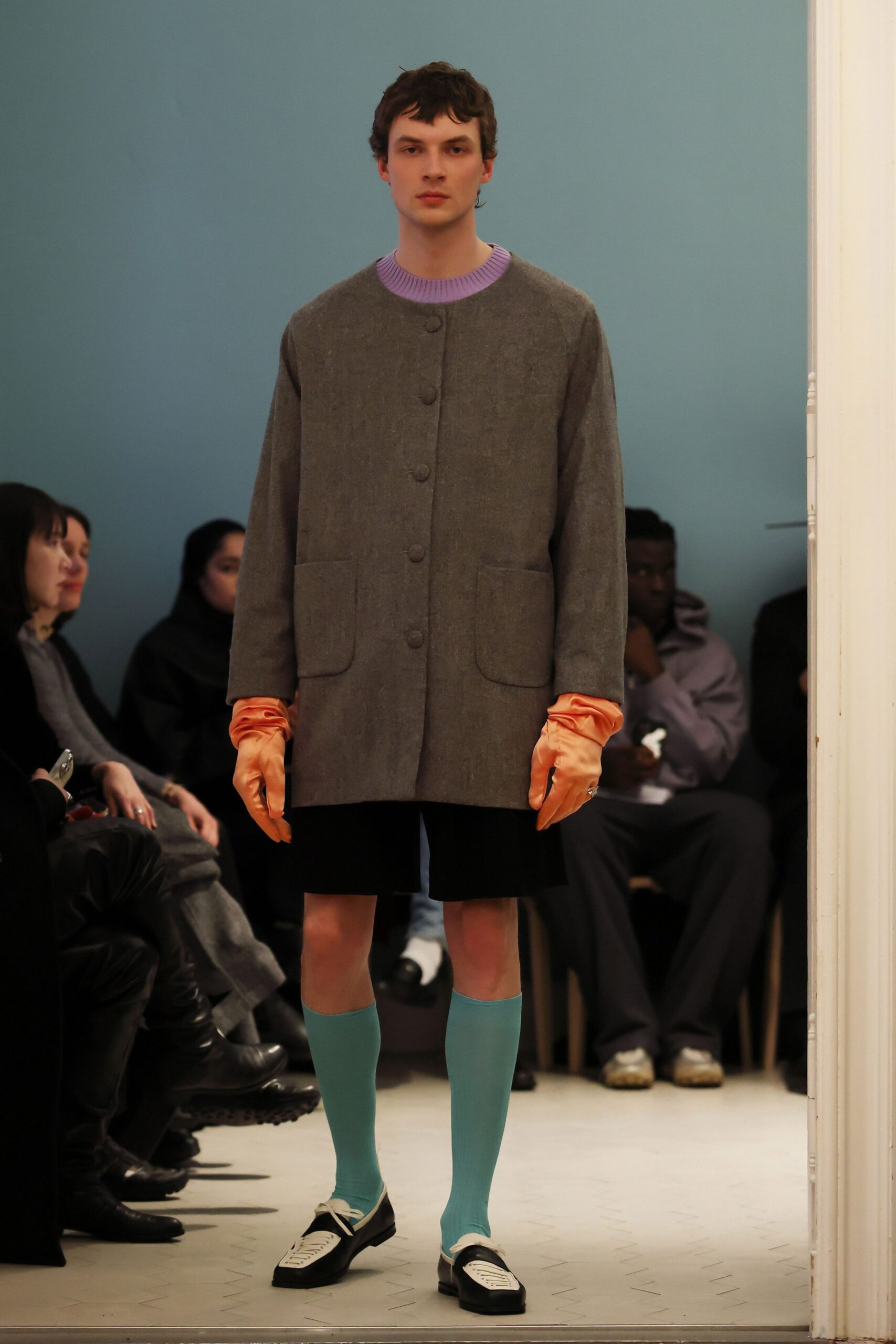 gray oversized coat with purple top