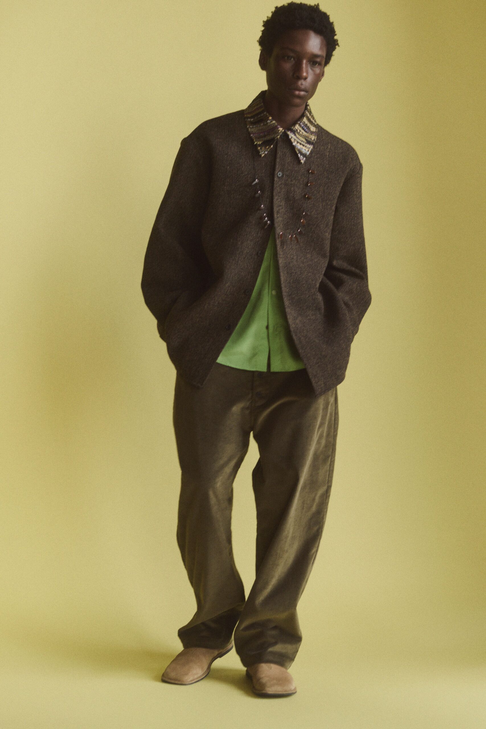 brown wool long-sleeve collared relaxed buttoned embroidered jacket