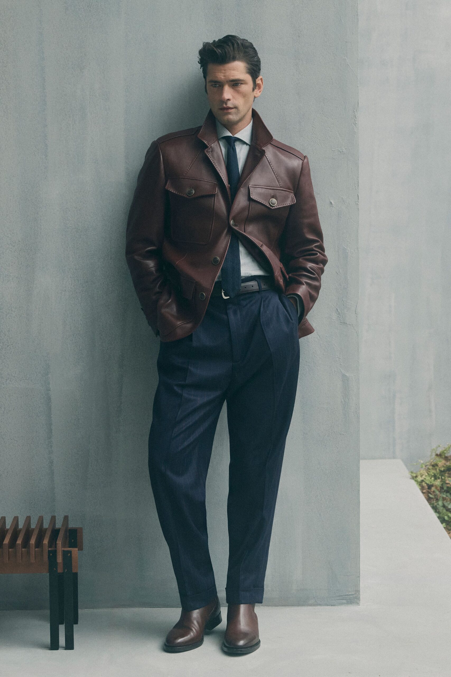 brown leather long-sleeve collared structured buttoned jacket