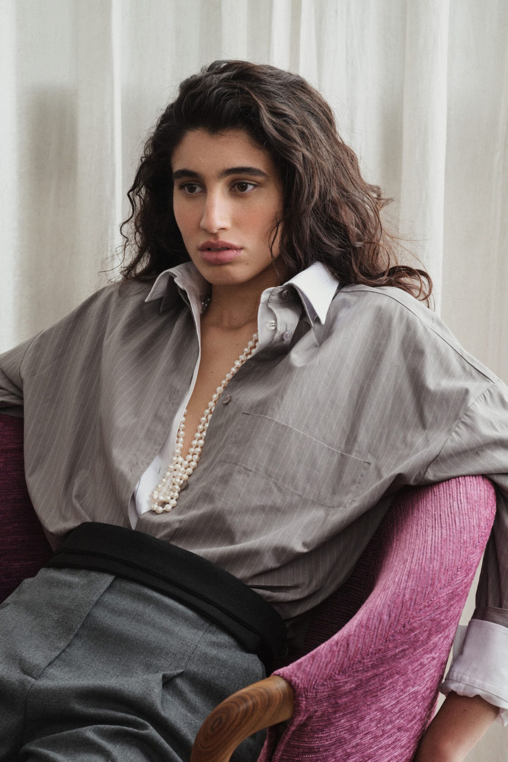 oversized gray shirt with tailored pants