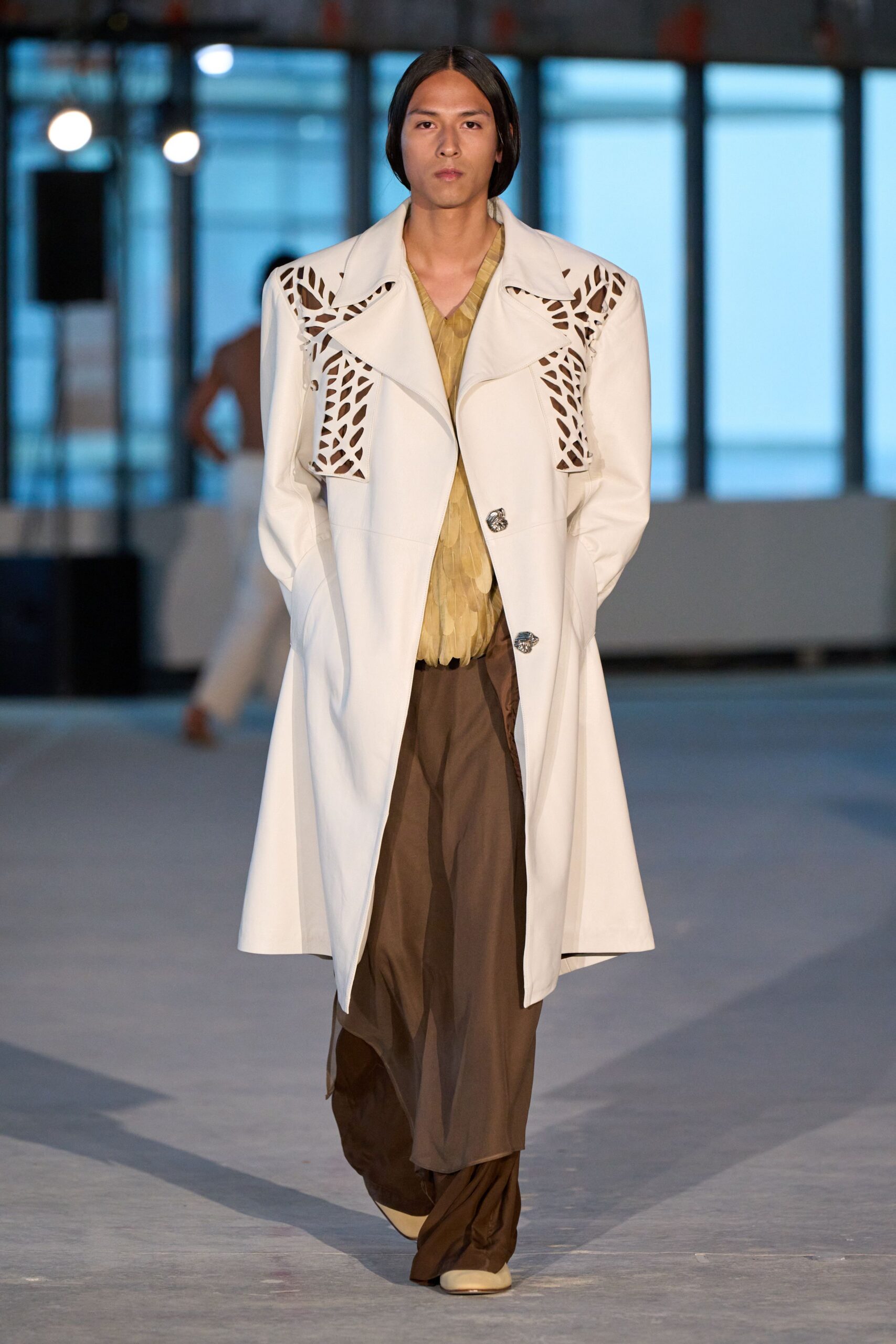 white cotton long-sleeve collared structured buttoned embroidered coat