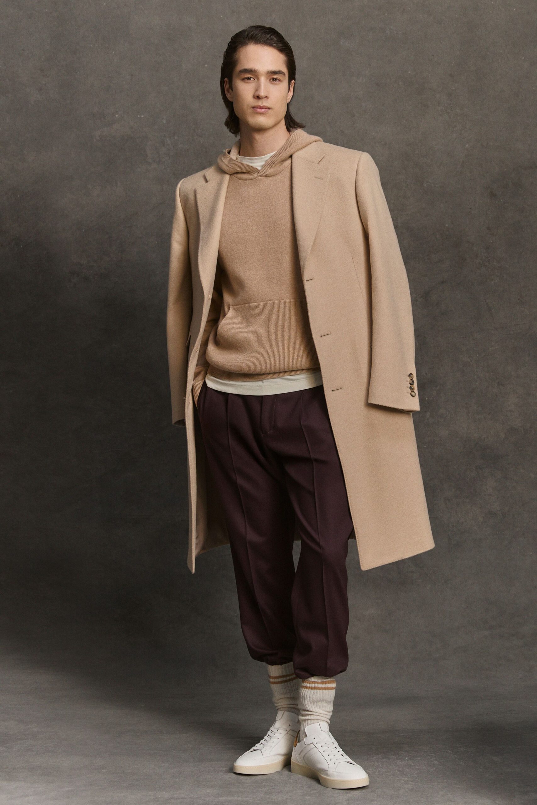 beige wool long-sleeve collared structured coat