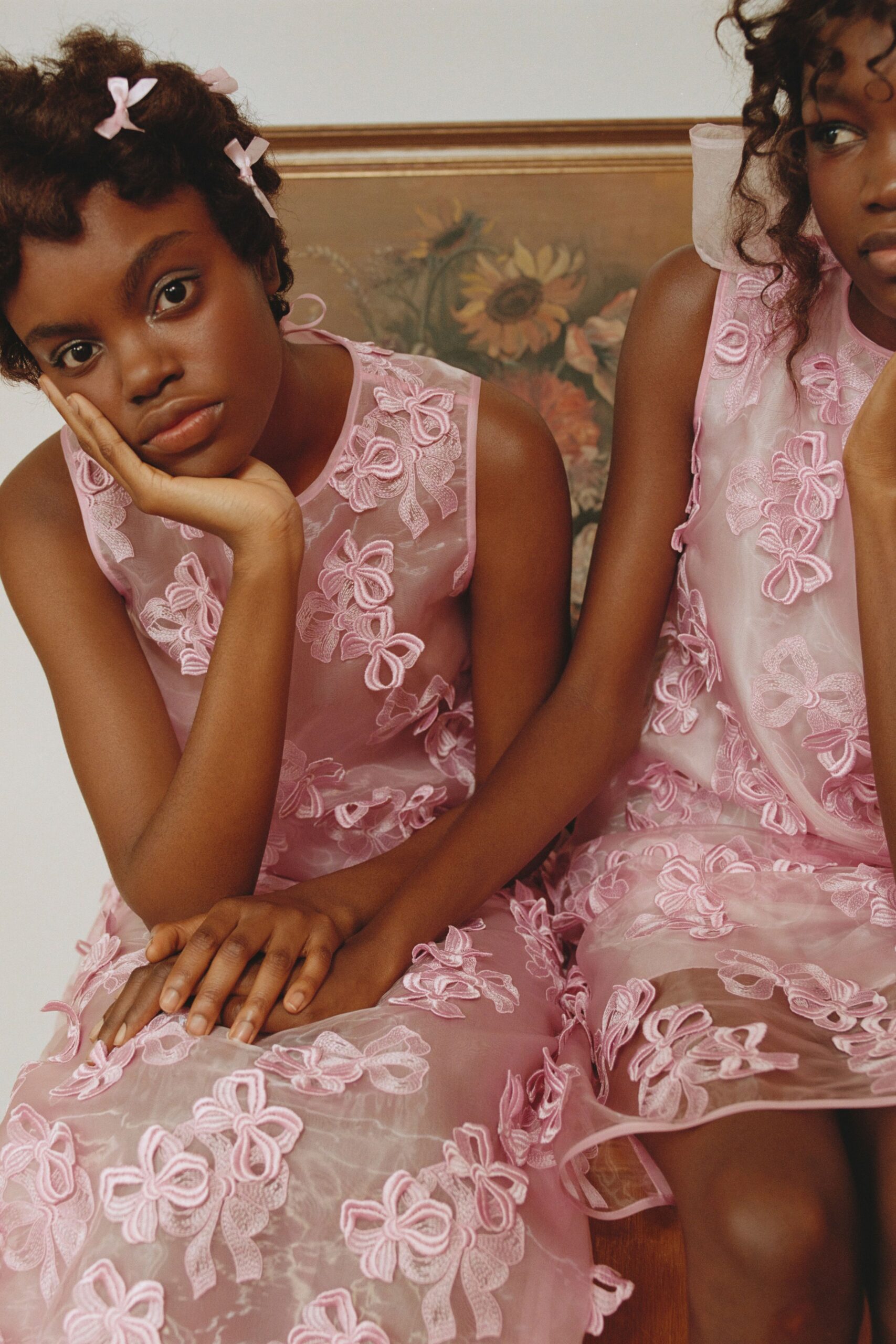 pink chiffon sleeveless high-neck fitted embroidered sheer dress
