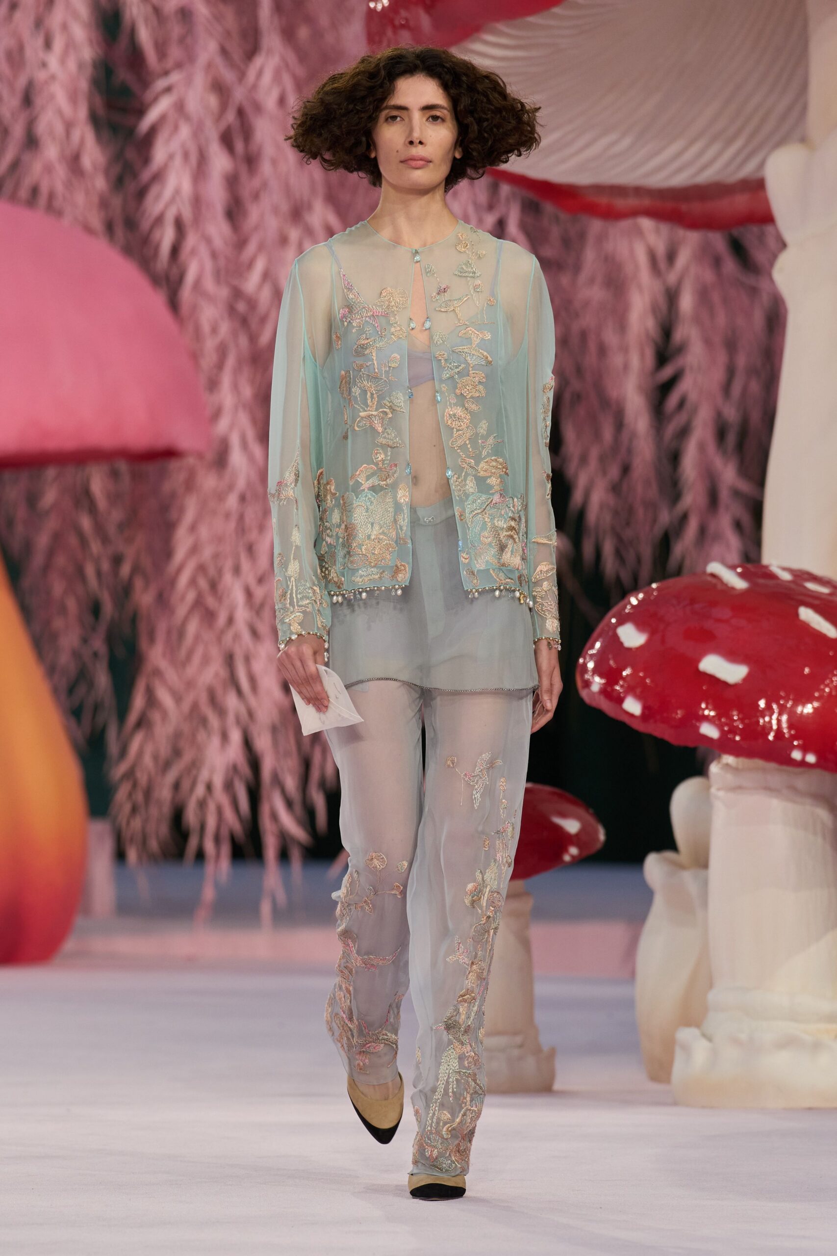 blue silk fitted embroidered sheer pants