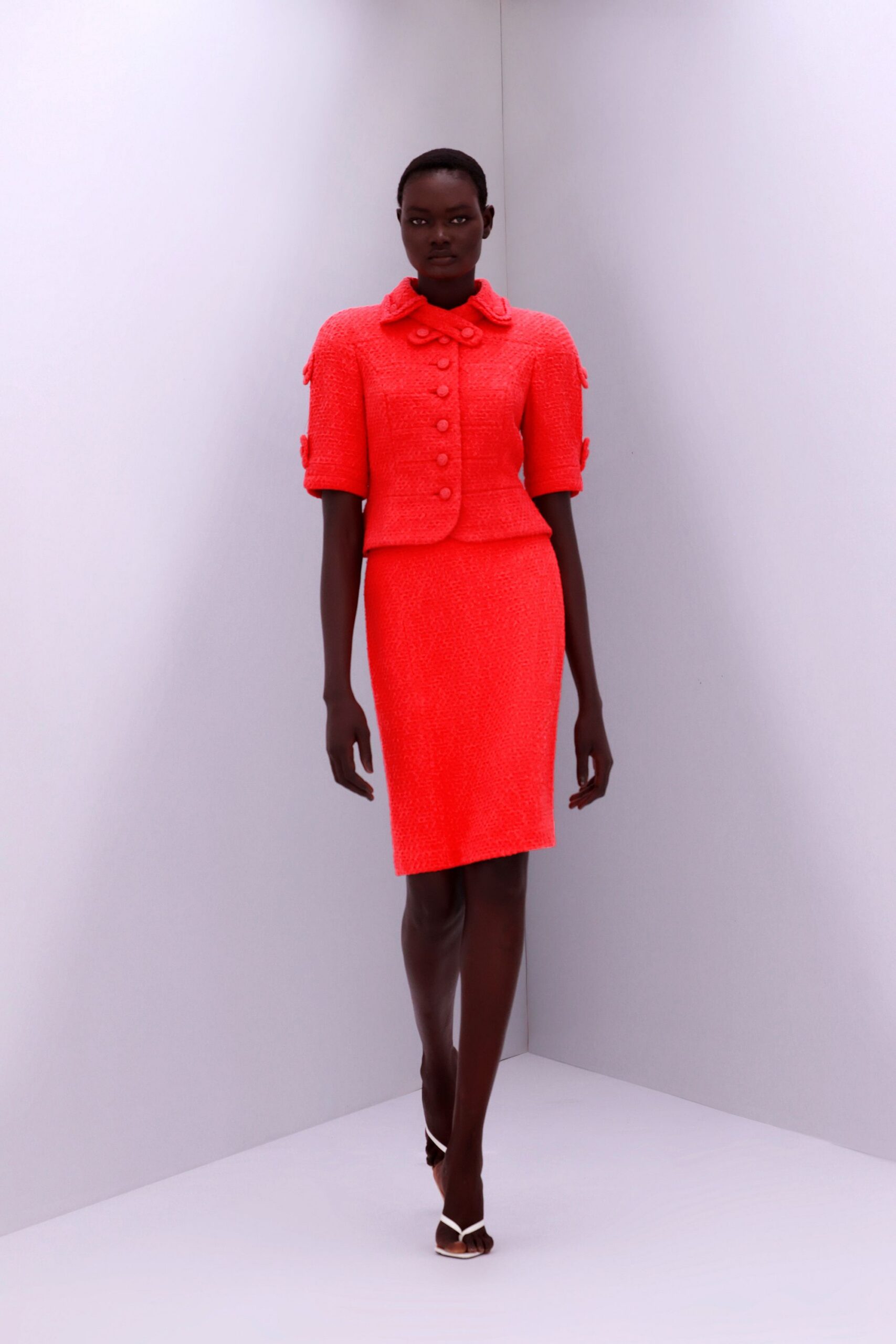 red fitted blazer and pencil skirt