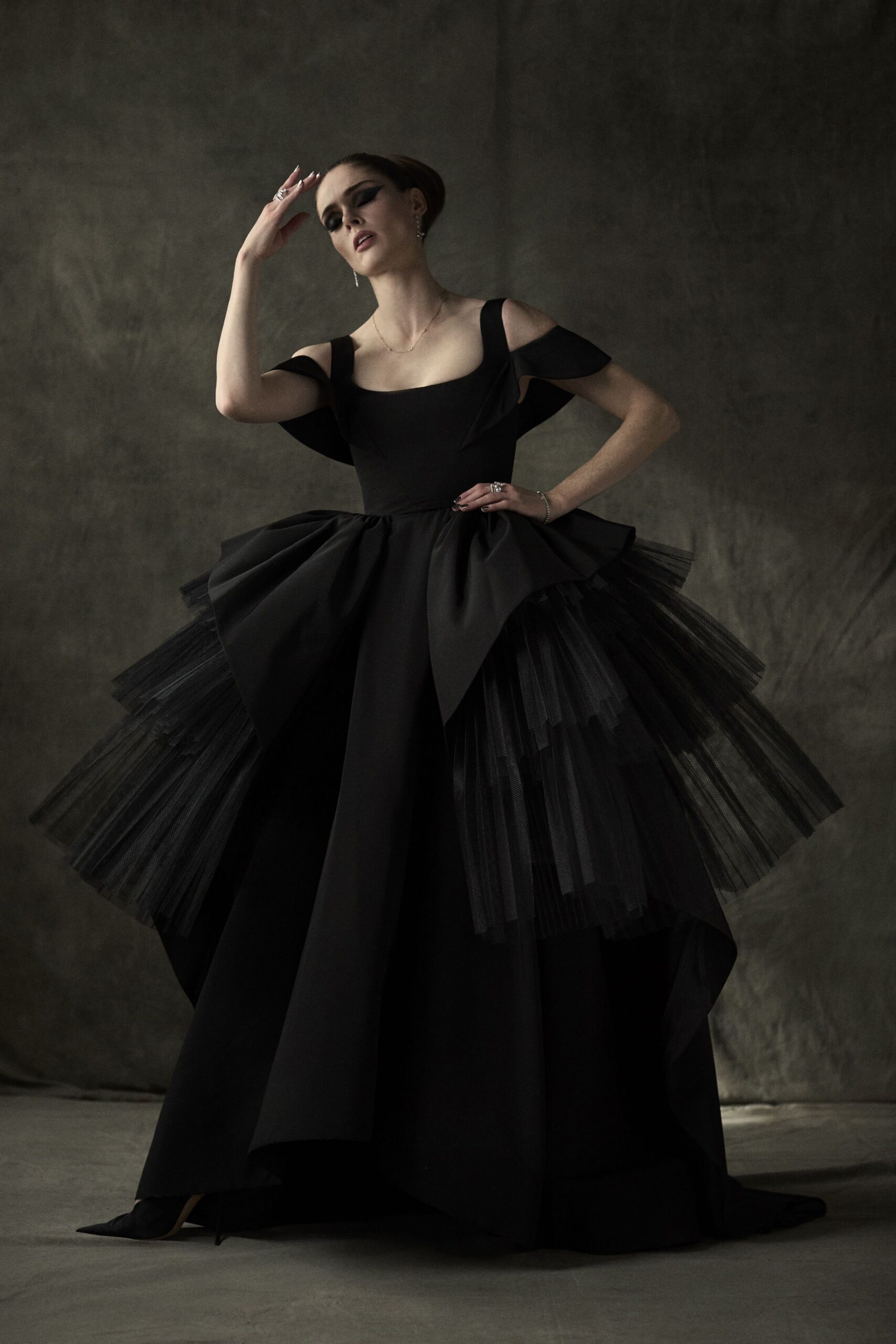 black silk tulle gown
