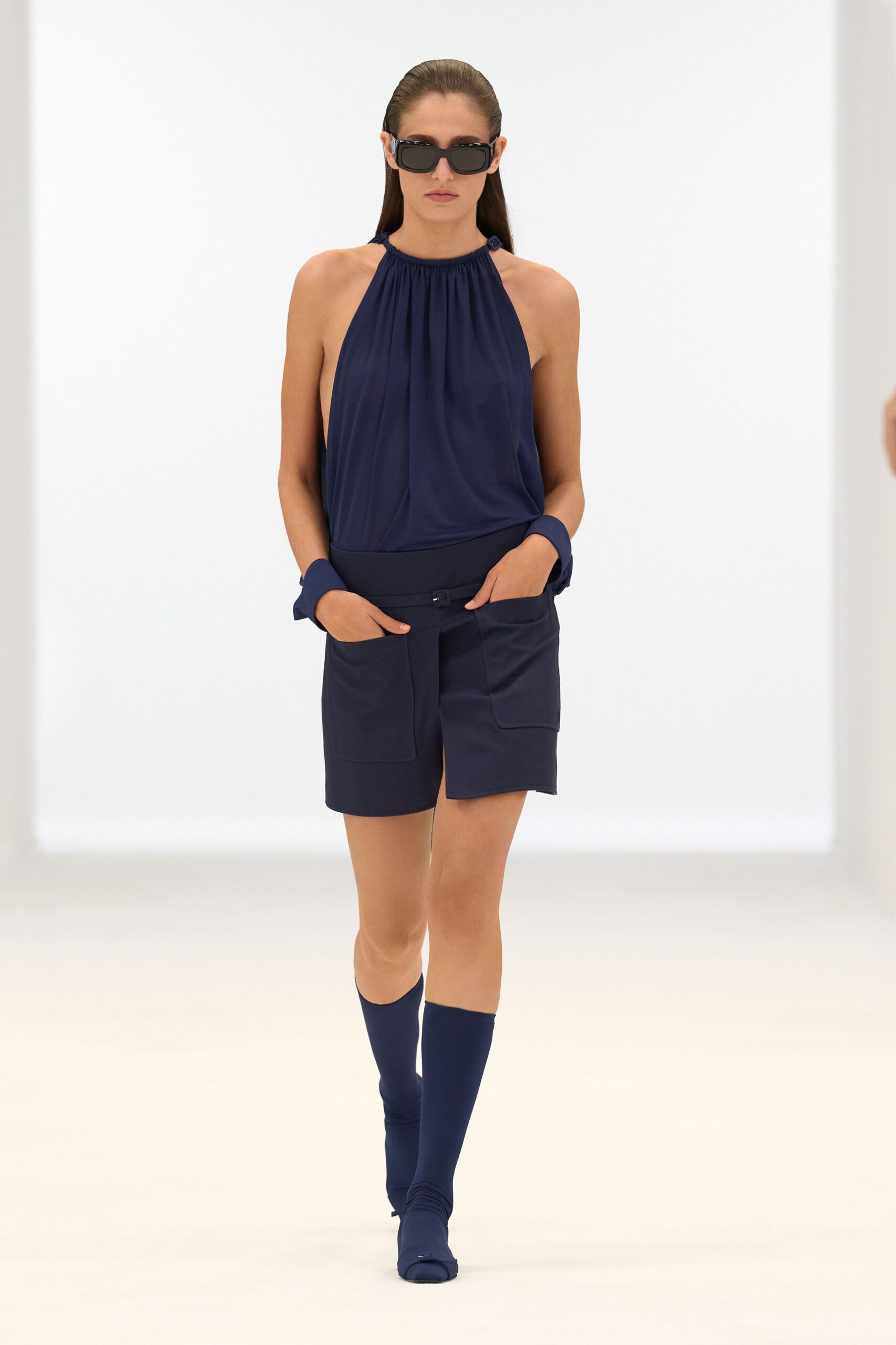 blue cotton sleeveless halter relaxed pleated top