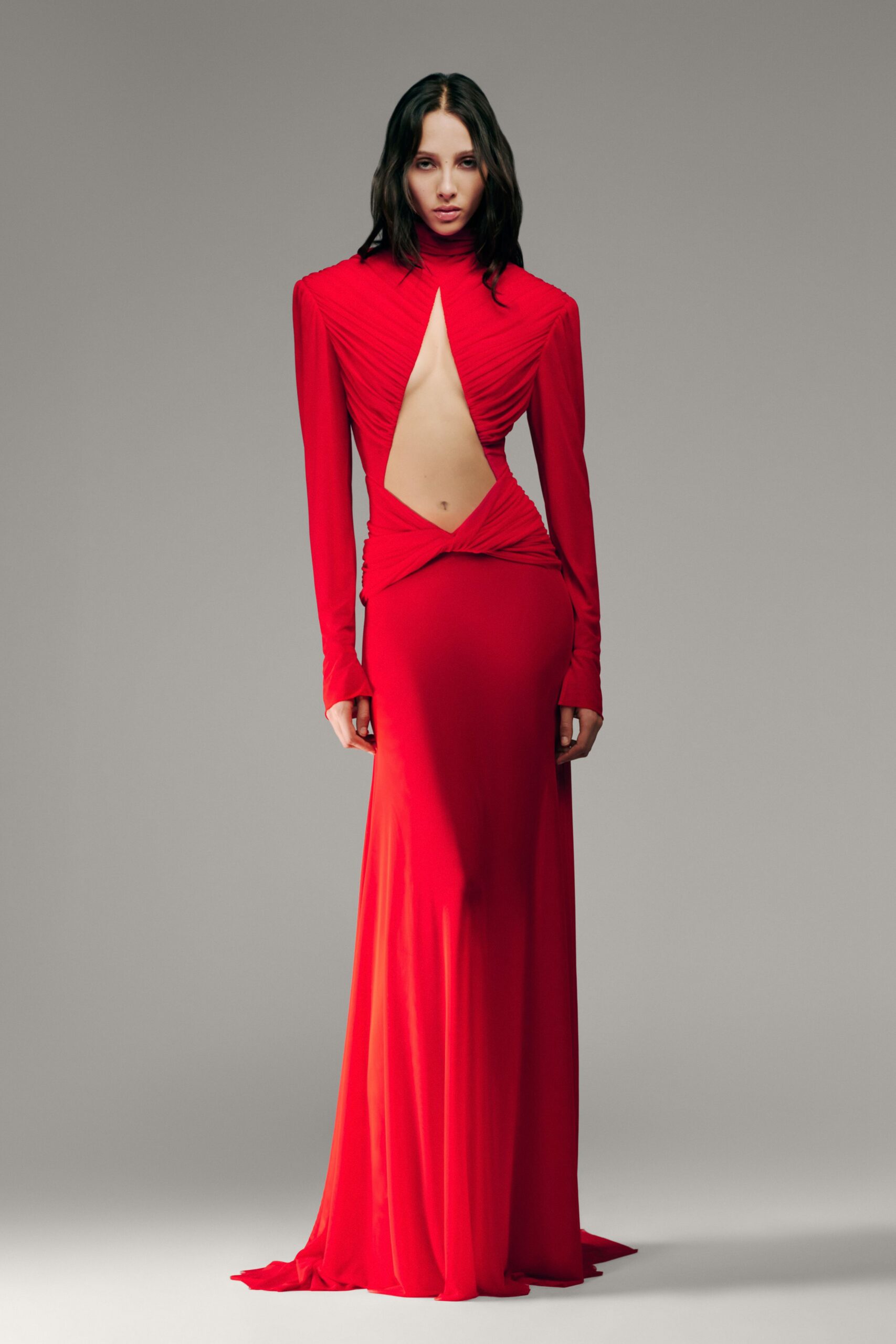 red silk fitted gown