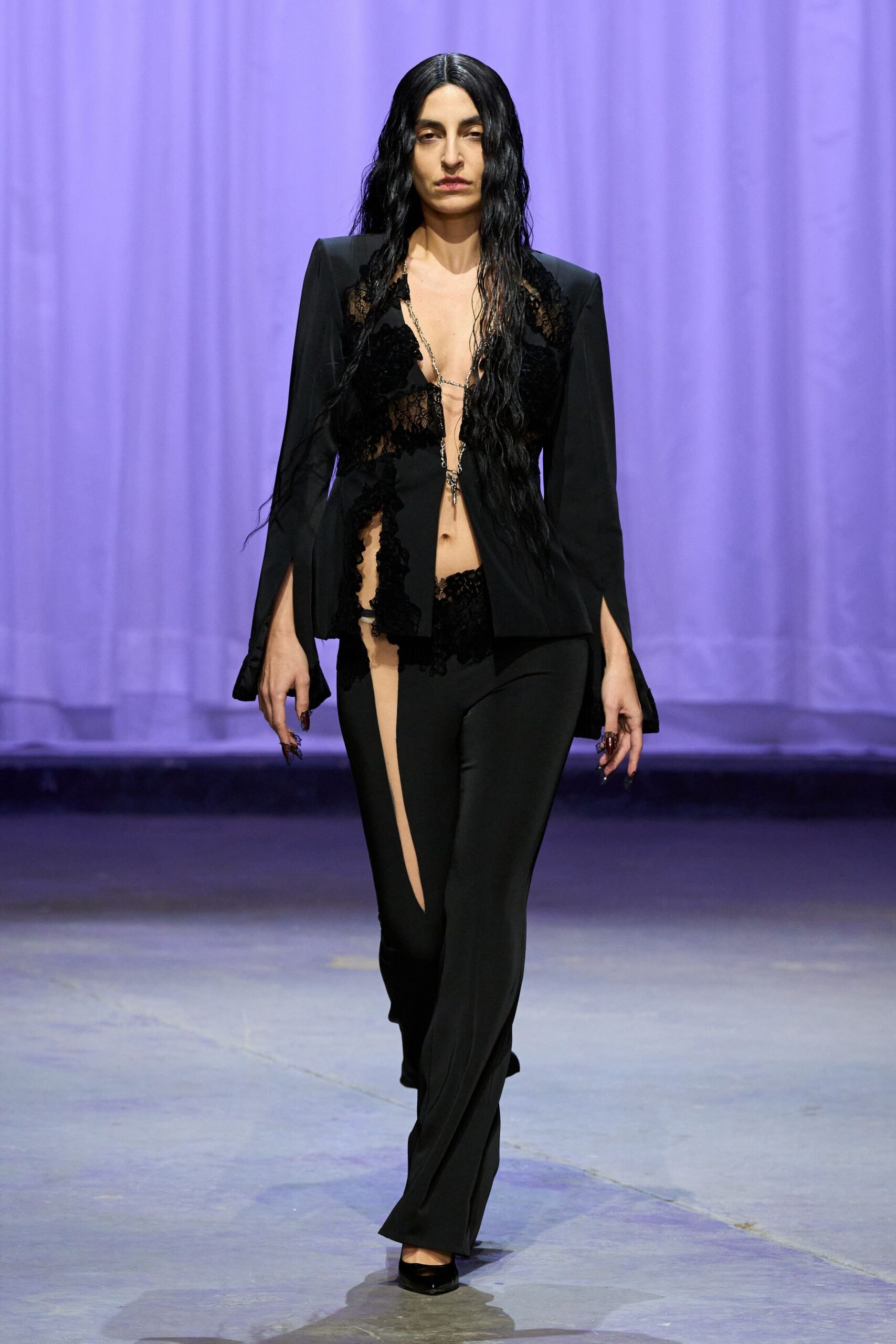 black silk slit fitted high-waisted pants