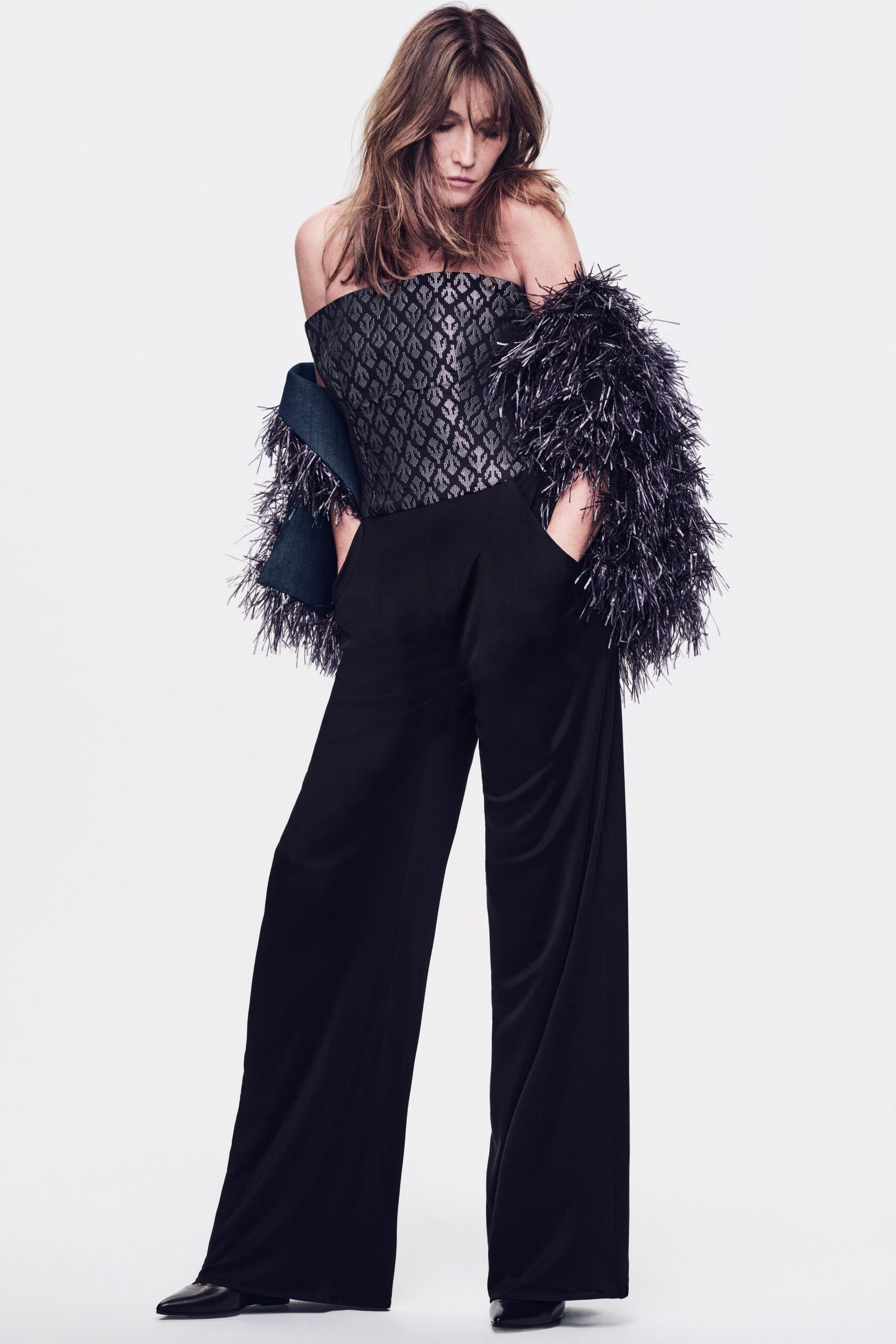 black silk strapless fitted pleated pockets jumpsuit