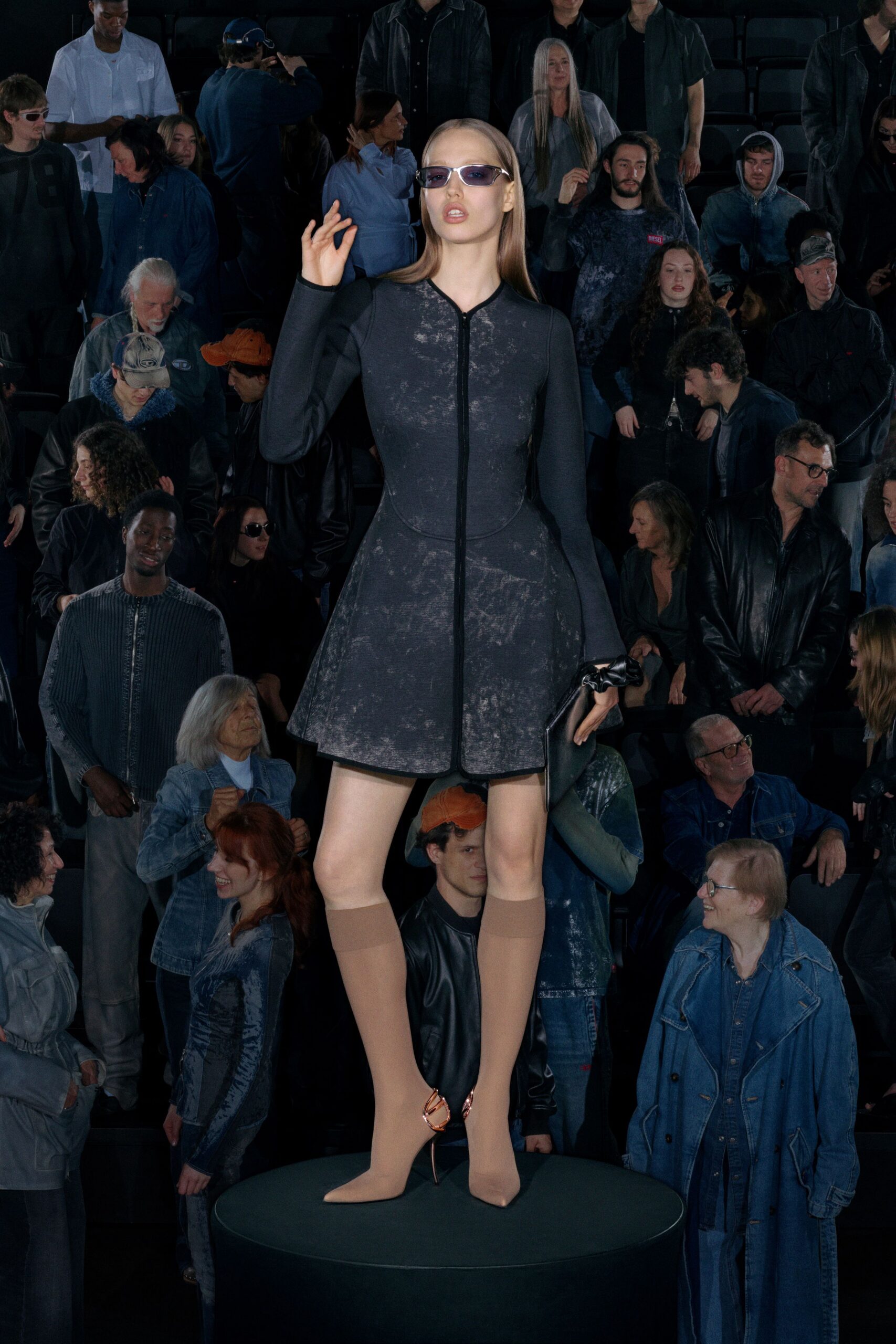 black cotton long-sleeve collared fitted zippered flared dress