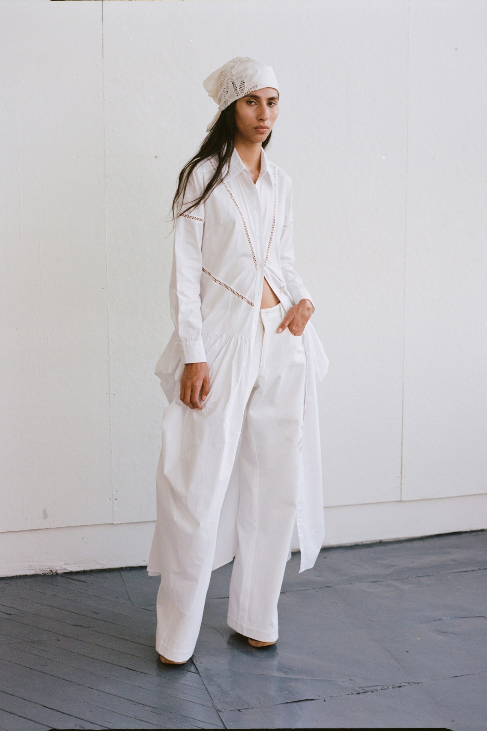 white shirt and wide-leg pants