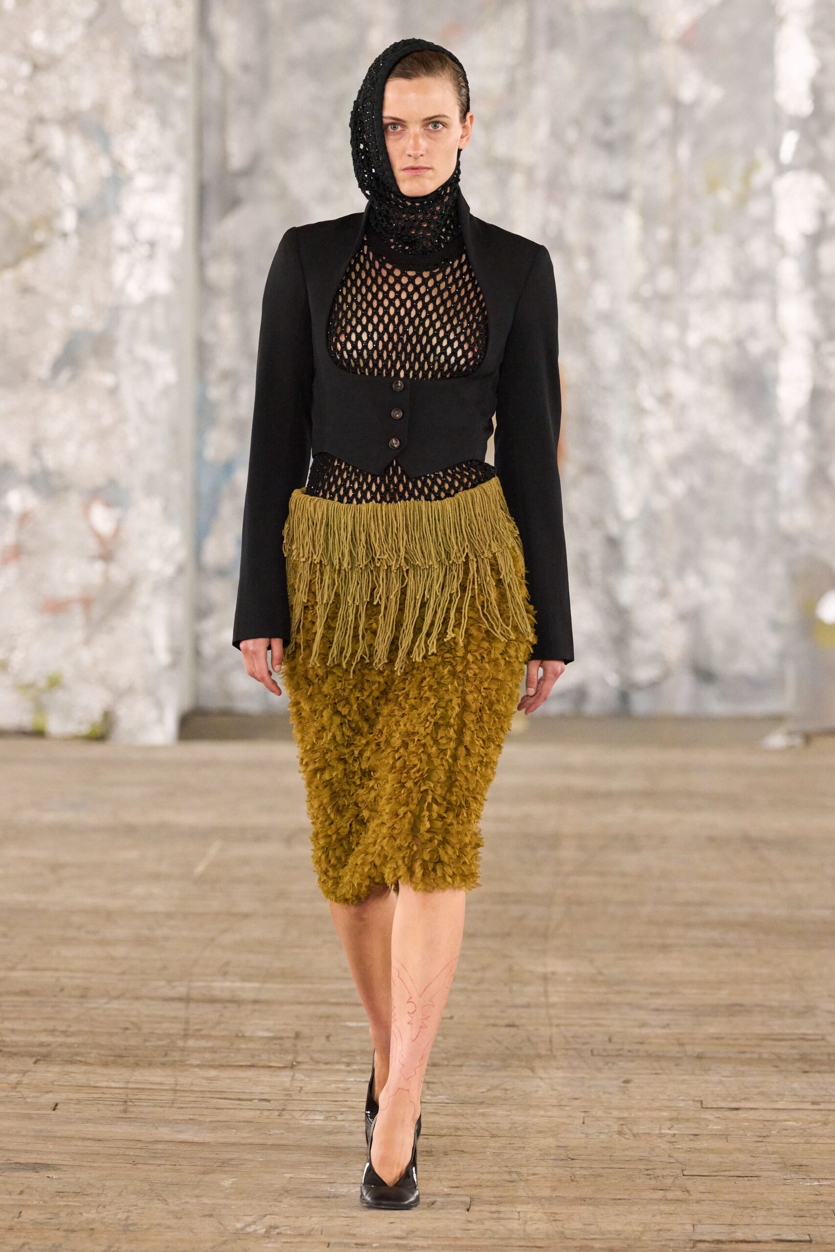 black blazer mesh top green skirt