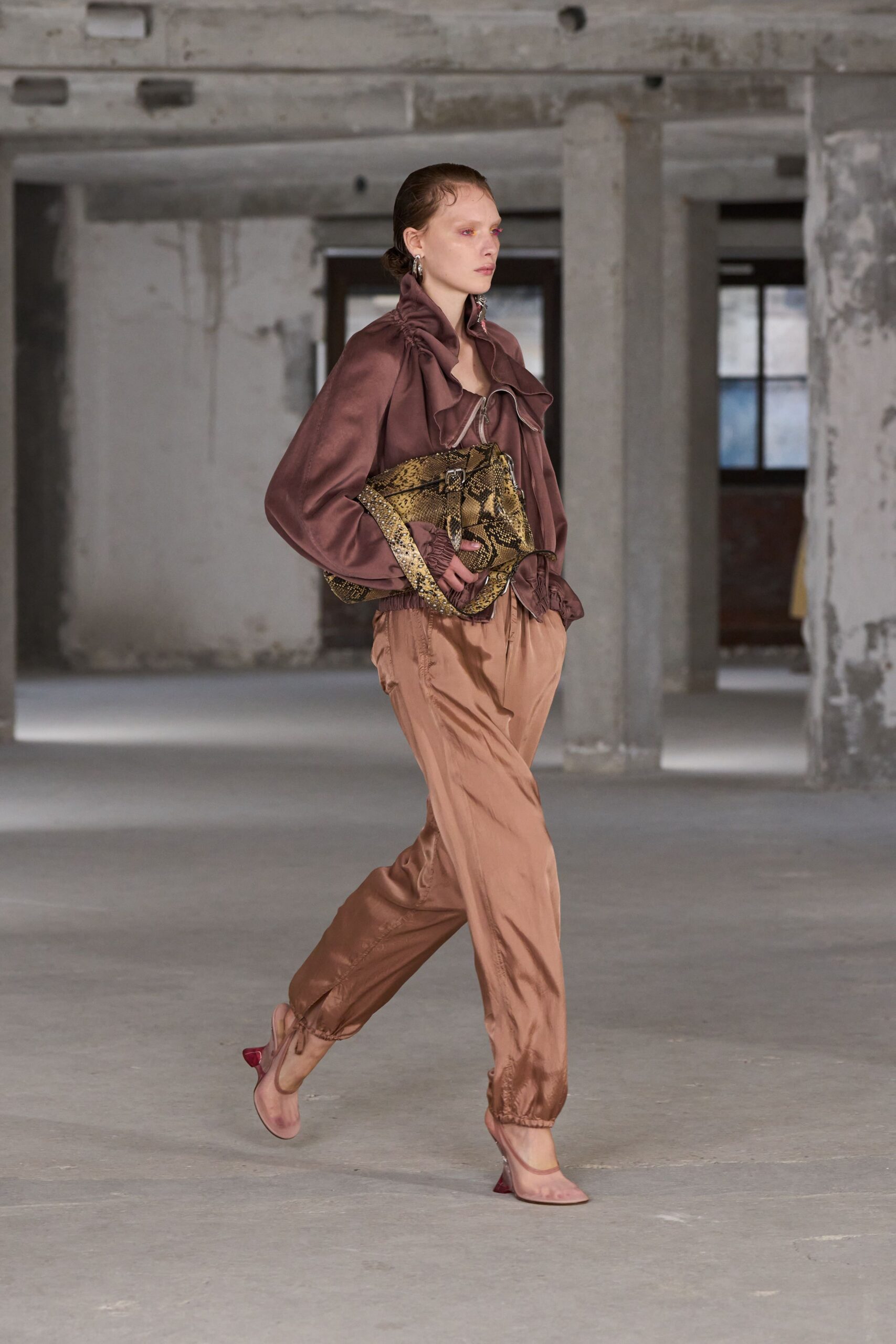 brown silk long-sleeve collared relaxed ruffled blouse