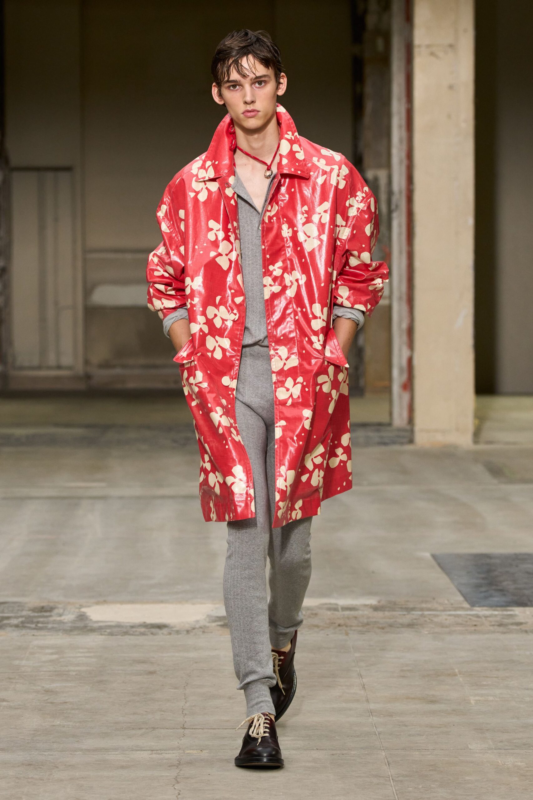 red vinyl long-sleeve collared relaxed floral zippered coat