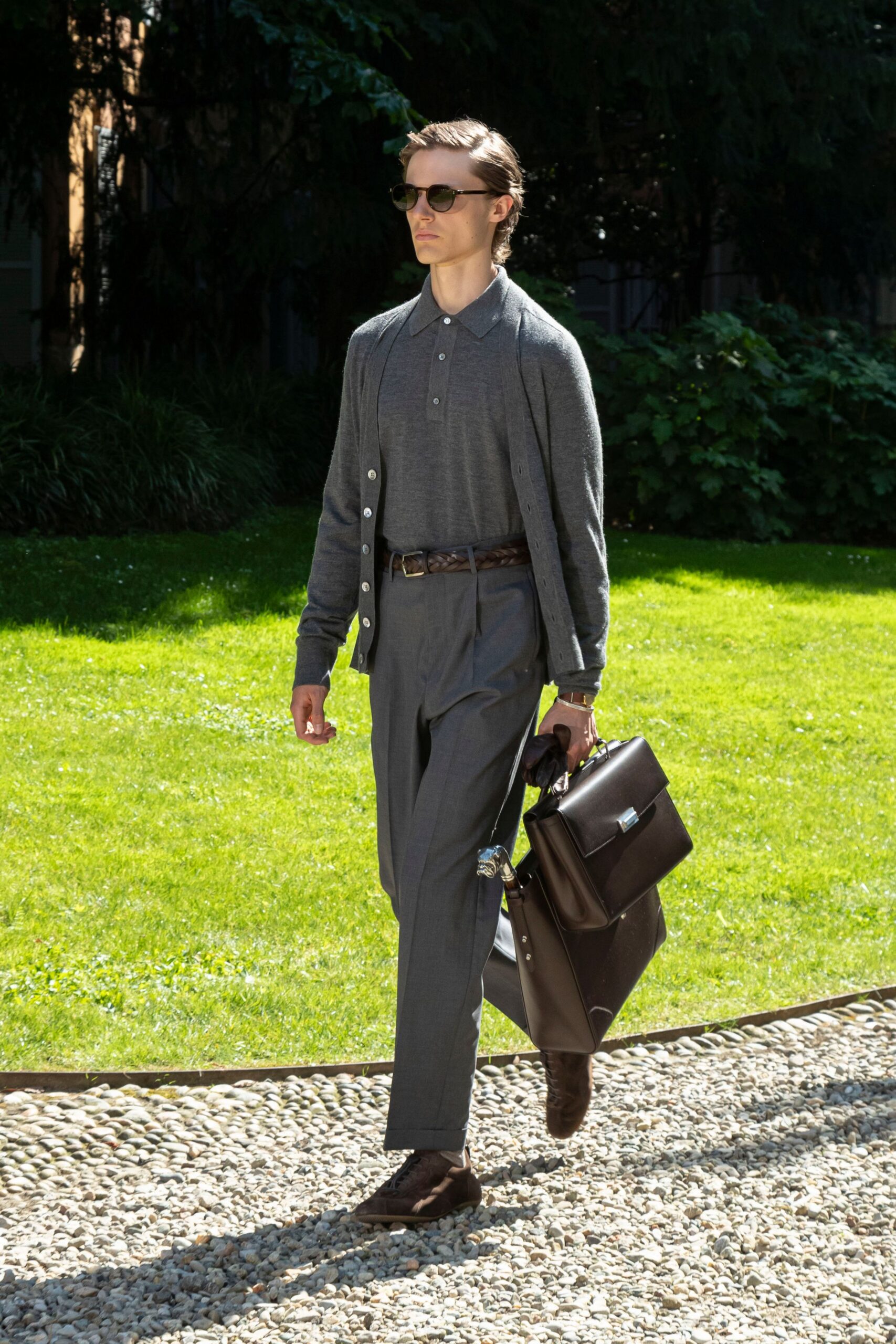 gray cardigan and tailored pants