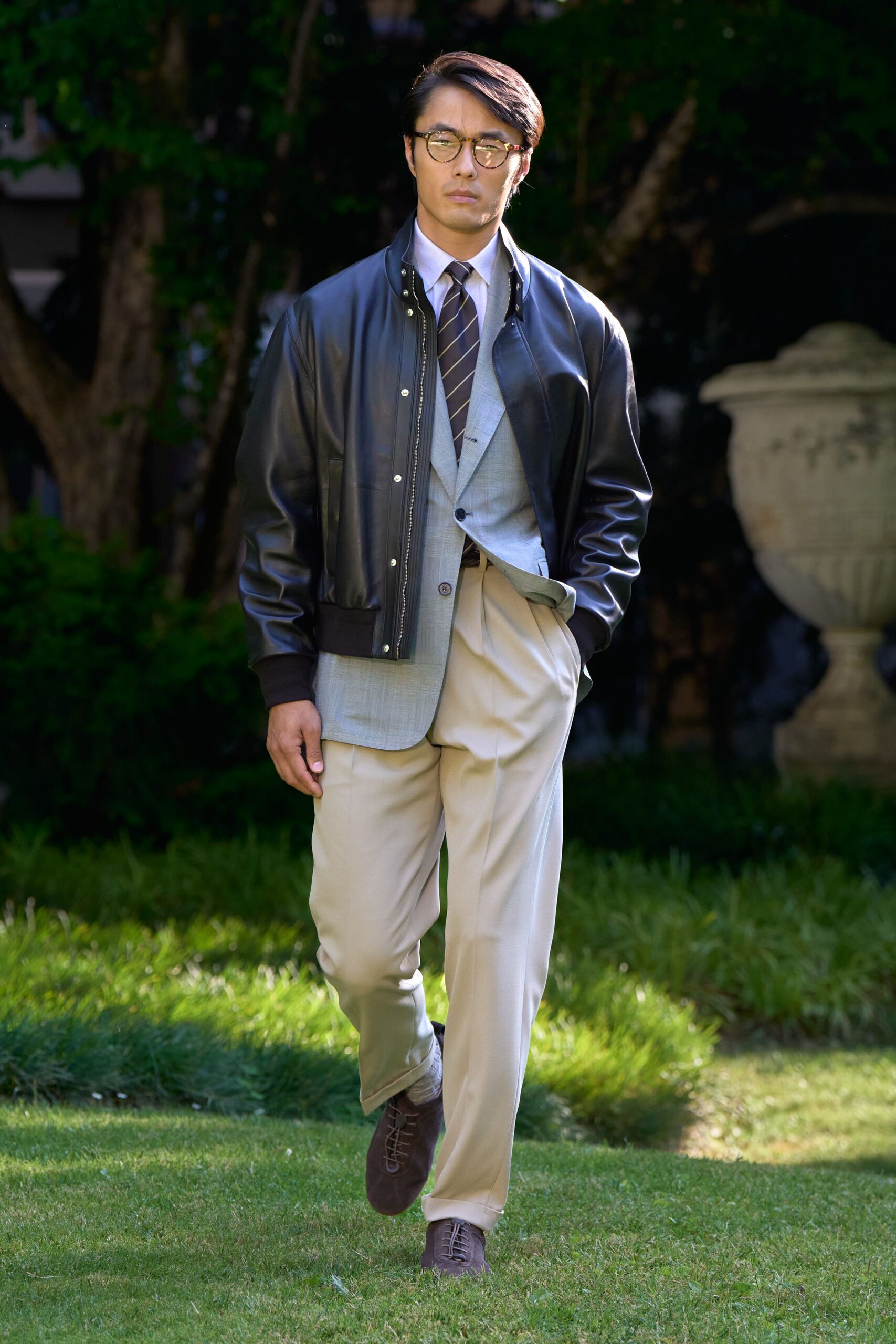 black leather jacket with gray vest