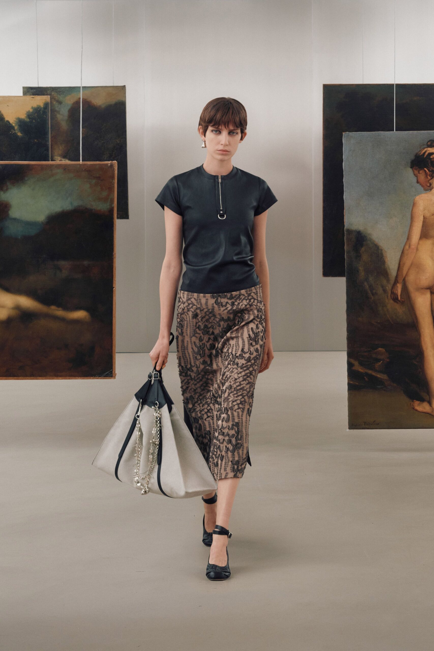 black leather top with printed skirt