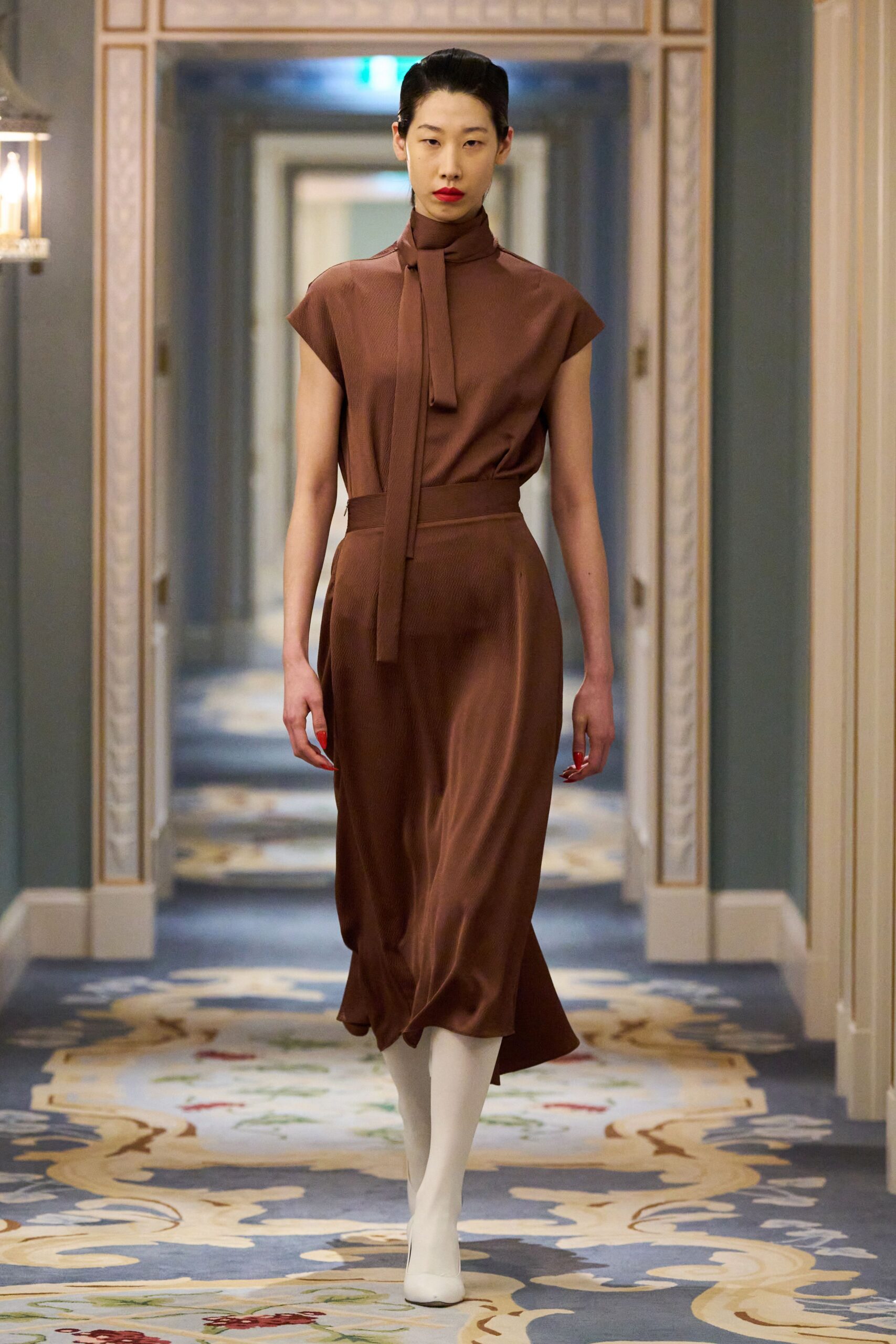brown silk short-sleeve collared fitted draped midi dress