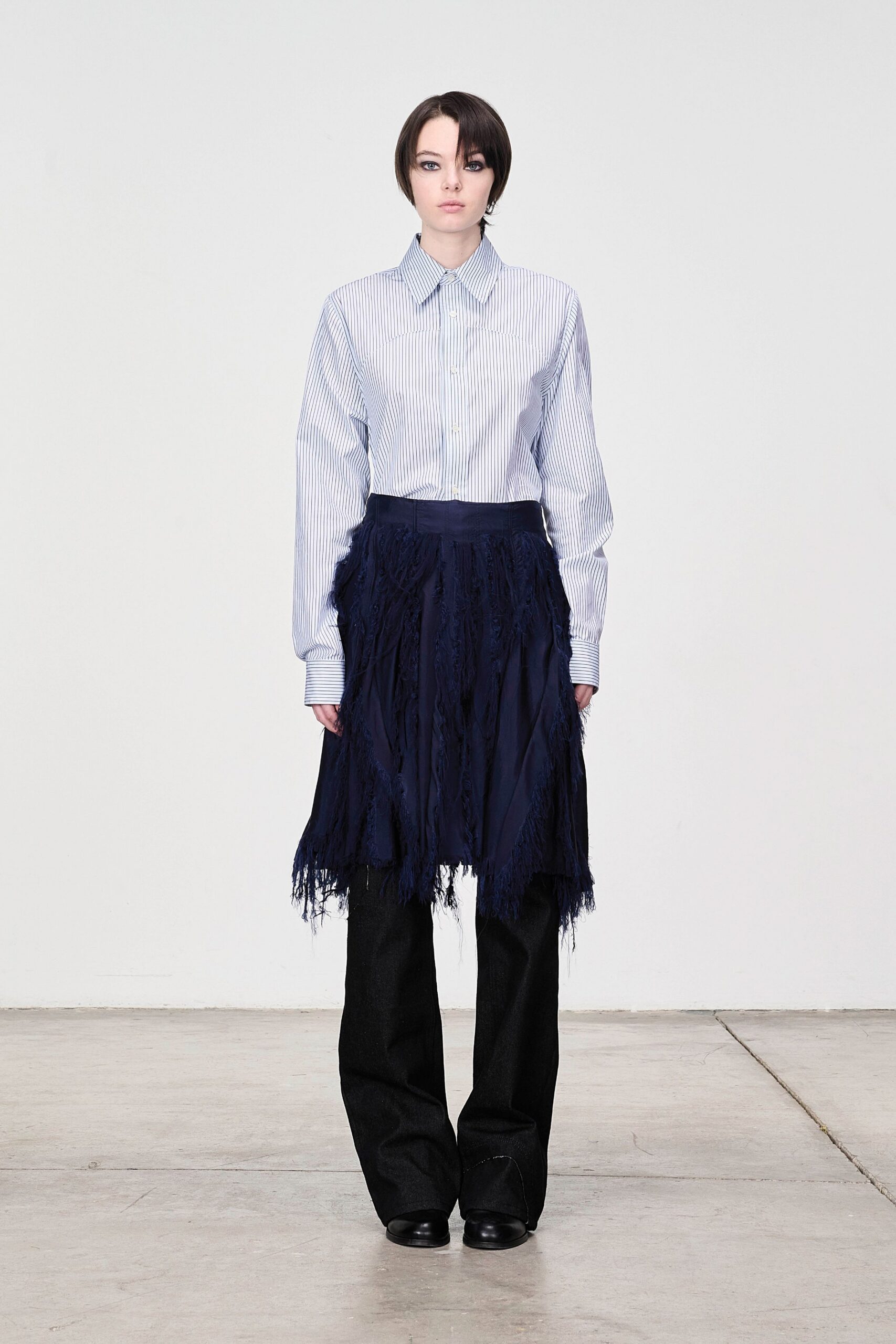 blue striped shirt navy fringed skirt
