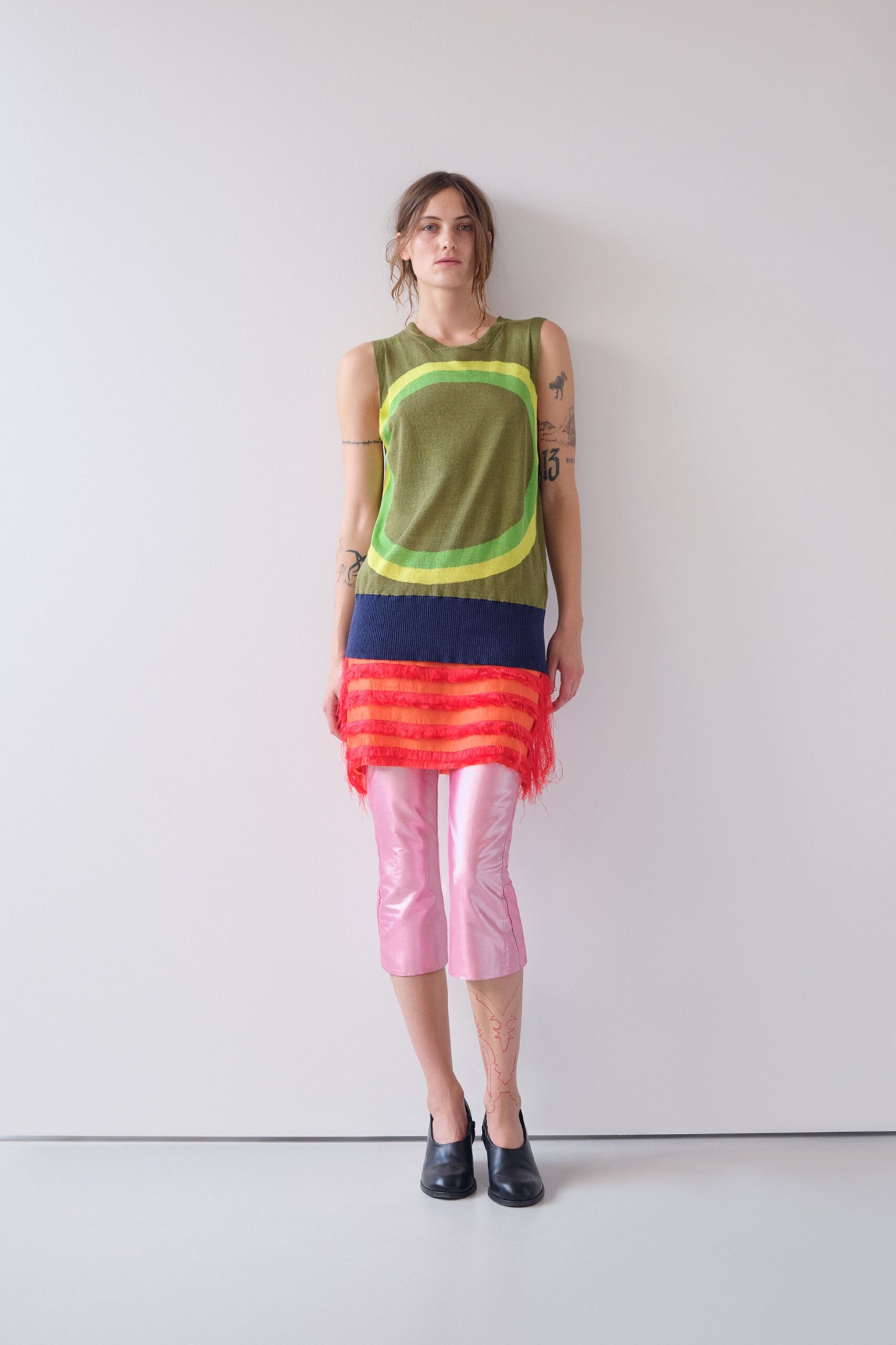 green cotton sleeveless collared fitted layered fringed top
