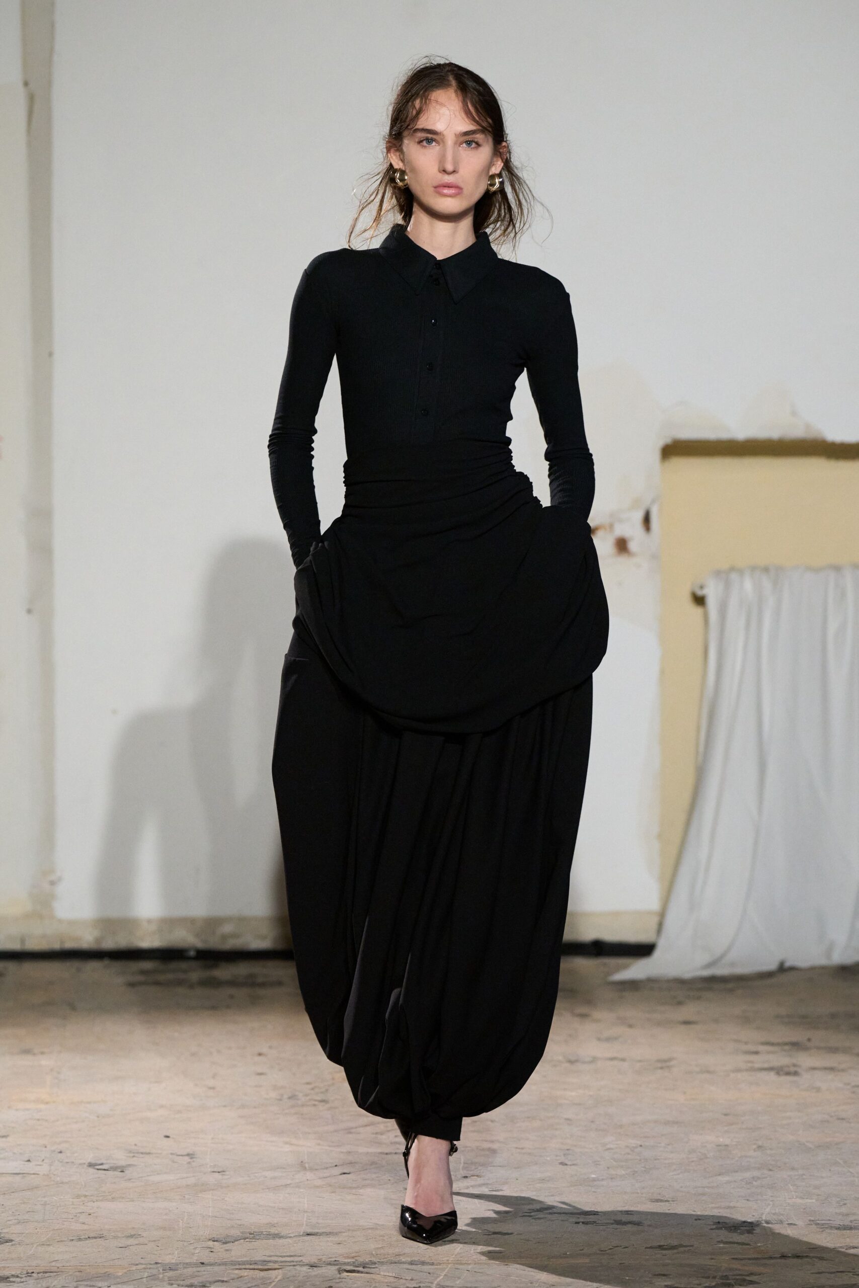 black cotton long-sleeve collared fitted draped midi dress